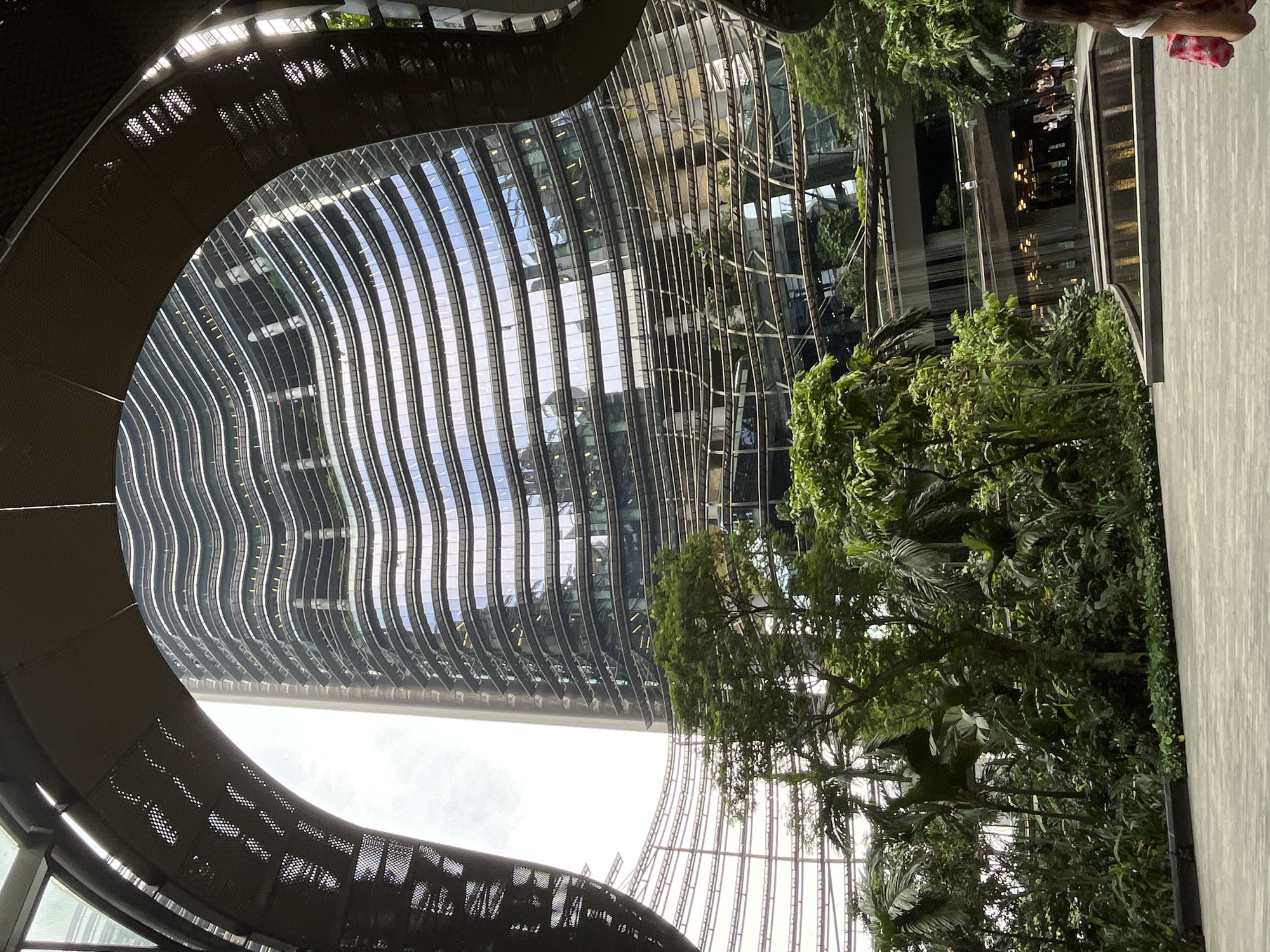 This is an eye-level, outdoor shot taken from a paved area looking towards a large, modern building with a unique, wavy facade and a lush indoor garden. The building's exterior is characterized by its reflective, horizontal glass panels that create a rippling effect. The facade also features multiple levels with balconies and greenery cascading down.
In the foreground, a variety of dense, tropical plants, including palm trees and ferns, create a vibrant green landscape. A tiered water feature is visible in the center, reflecting the building and the surrounding light. Further back, a large indoor waterfall cascades down from a higher level within the building, visible through the structure. Several people are scattered throughout the scene, some walking on the lower levels of the building and others standing near the water feature, suggesting a public space or plaza. The overall impression is one of a contemporary urban oasis, seamlessly blending architecture and nature.
This scene is captured at Jewel Changi Airport in Singapore, a mixed-use development within the airport complex known for its stunning architecture and extensive indoor gardens.
