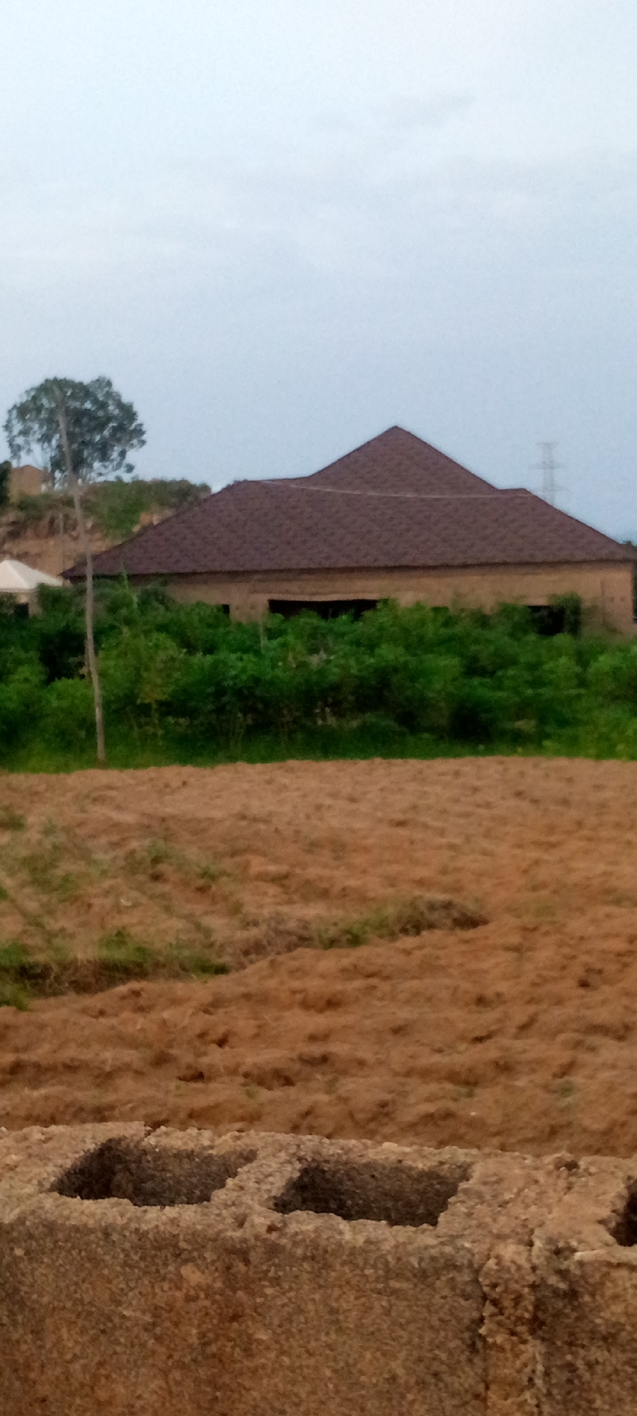 The image depicts a cloudy sky over a partially constructed building with a brown, multi-faceted roof. The building is surrounded by lush green foliage and appears to be situated in an undeveloped or rural area. In the foreground, there is a field of dry, matted grass and a portion of a cinder block structure. A solitary, thin tree stands to the left of the building. In the distance, a power line tower is visible against the horizon. The scene appears to be located in Gura Top, Nigeria.