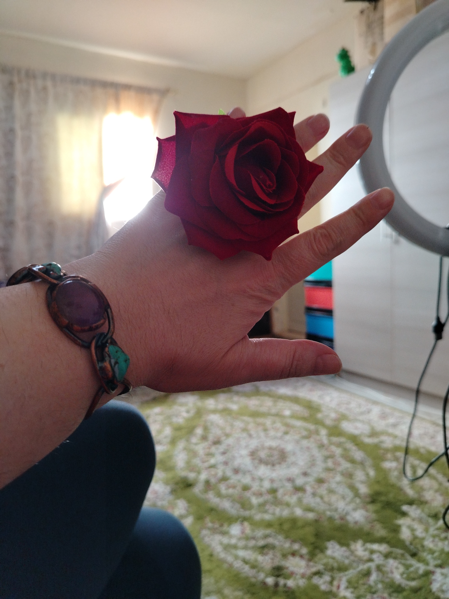 A close-up shot depicts a fair-skinned hand holding a red rose. The hand wears a copper bracelet adorned with an oval-shaped purple stone and turquoise stones. The person is wearing dark blue leggings. The background shows a room with a green and beige patterned carpet. There is a white ring light visible on the right side. A window with sheer curtains is partially visible in the background, along with a white cabinet with colorful drawers.
There is no information in the image that specifies the location is Al Mas'oudi, United Arab Emirates.