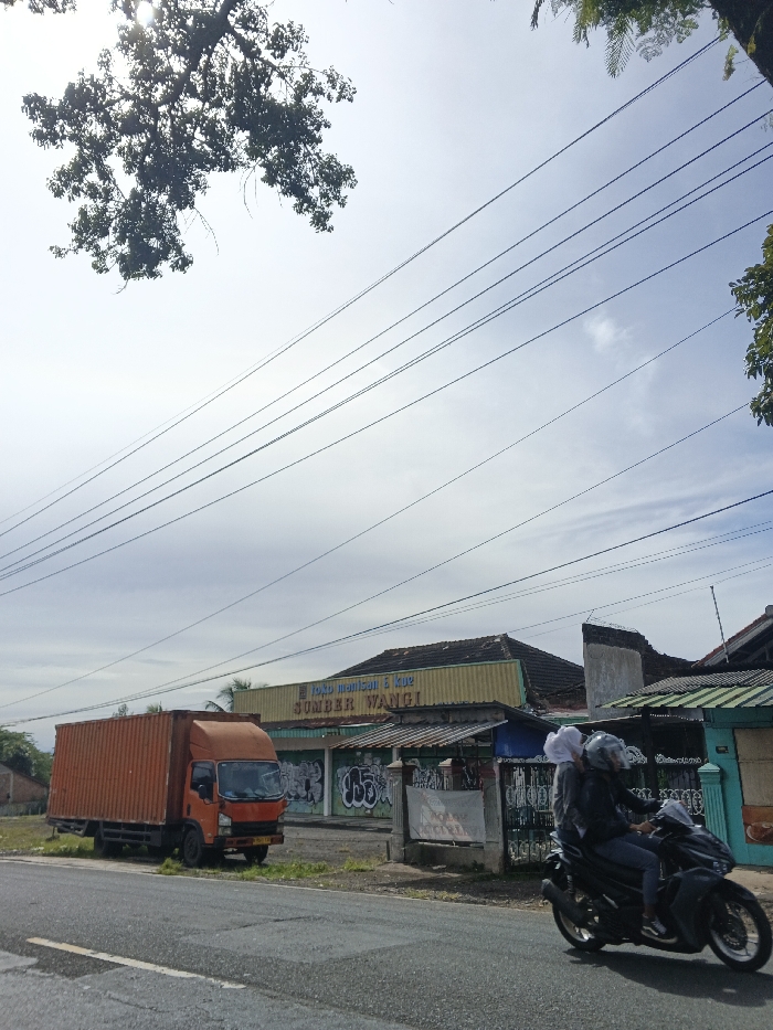 The image captures a bright, daytime street scene, likely in a semi-urban or rural area, consistent with the Carcar, Philippines context. The sky is bright with scattered clouds, and numerous power lines stretch diagonally across the upper and middle portions of the frame. Silhouetted tree branches with dense foliage are visible in the upper left, and lighter green leaves appear in the upper right.
In the mid-ground, an orange box truck is parked on a dirt shoulder next to the asphalt road. Behind it is a low-rise building with a yellowish-green facade and a corrugated metal roof. A sign on this building reads "TOKO ROTI MANISAN & KUE" (Sweet Bread & Cake Shop) and "SUMBER WANGI" (Fragrant Source), which appears to be Indonesian. Below the sign, the building wall is covered in graffiti. To the right of this building, other residential or commercial structures are visible, some with green-colored roofs or exterior elements.
On the road in the foreground, a dark-colored scooter or motorcycle with two riders is in motion, heading right. The driver wears a dark jacket and a helmet, while the passenger, also wearing a dark jacket, has a white head covering. The road surface is asphalt, with some patches and lines visible. The overall impression is a bustling roadside environment under a clear sky.