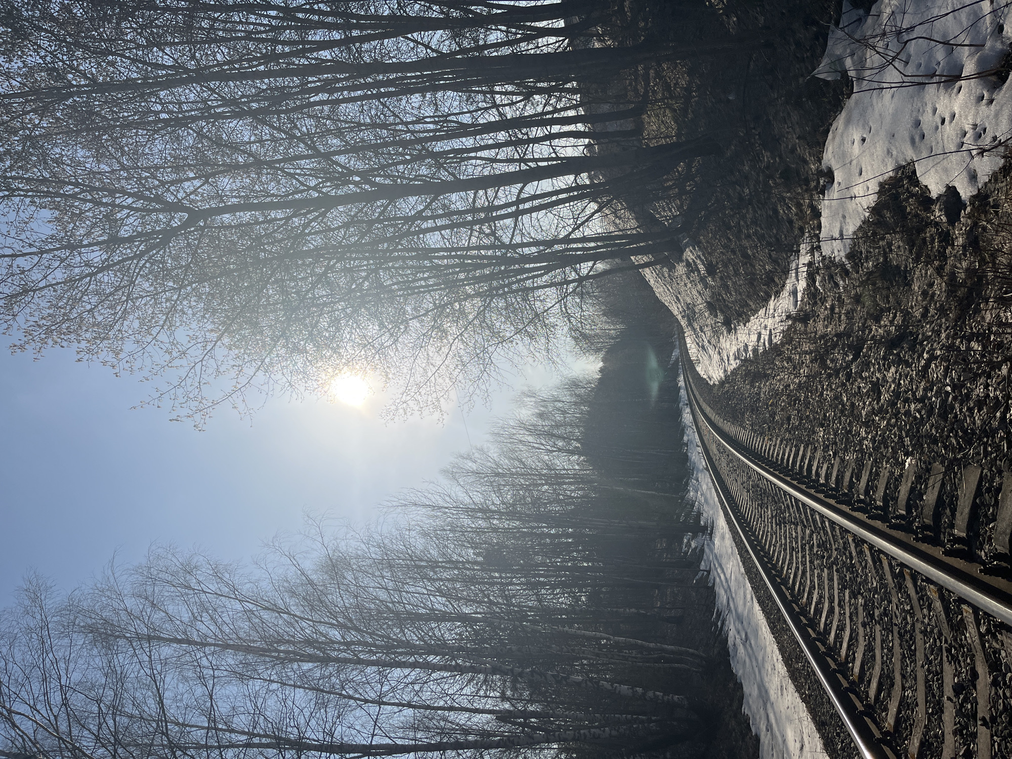 The image depicts a railway track curving through a winter landscape near Chaikovsky, Russia. The track is partially covered in snow. Trees line both sides of the track, their branches bare in the winter season. A snow bank is visible on one side of the track. The sun is shining brightly, positioned in the sky between the trees.