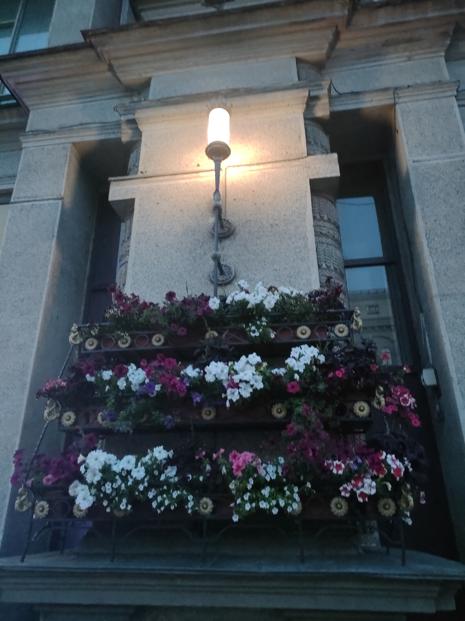 The image captures a detailed view of a window box filled with a profusion of vibrant flowers, predominantly white, pink, and deep purple, cascading over the edge. These flower boxes are tiered, with a dark, ornate metal railing separating them. The railing features decorative elements, including circular gold ornaments and what appear to be stylized gold dragon heads. Above the flower boxes, a vintage-style lamp with a frosted glass shade and a metallic fixture is mounted on the building's facade. The building itself is constructed of a textured, light-colored stone, with visible architectural details such as cornices and columns. A window with dark framing and reflective glass is visible to the right of the lamp. The scene appears to be part of an urban environment, possibly a historic district, given the architectural style. The lighting suggests it may be dusk or early evening. The specific location in Minsk, Belarus cannot be determined from the visual information alone.