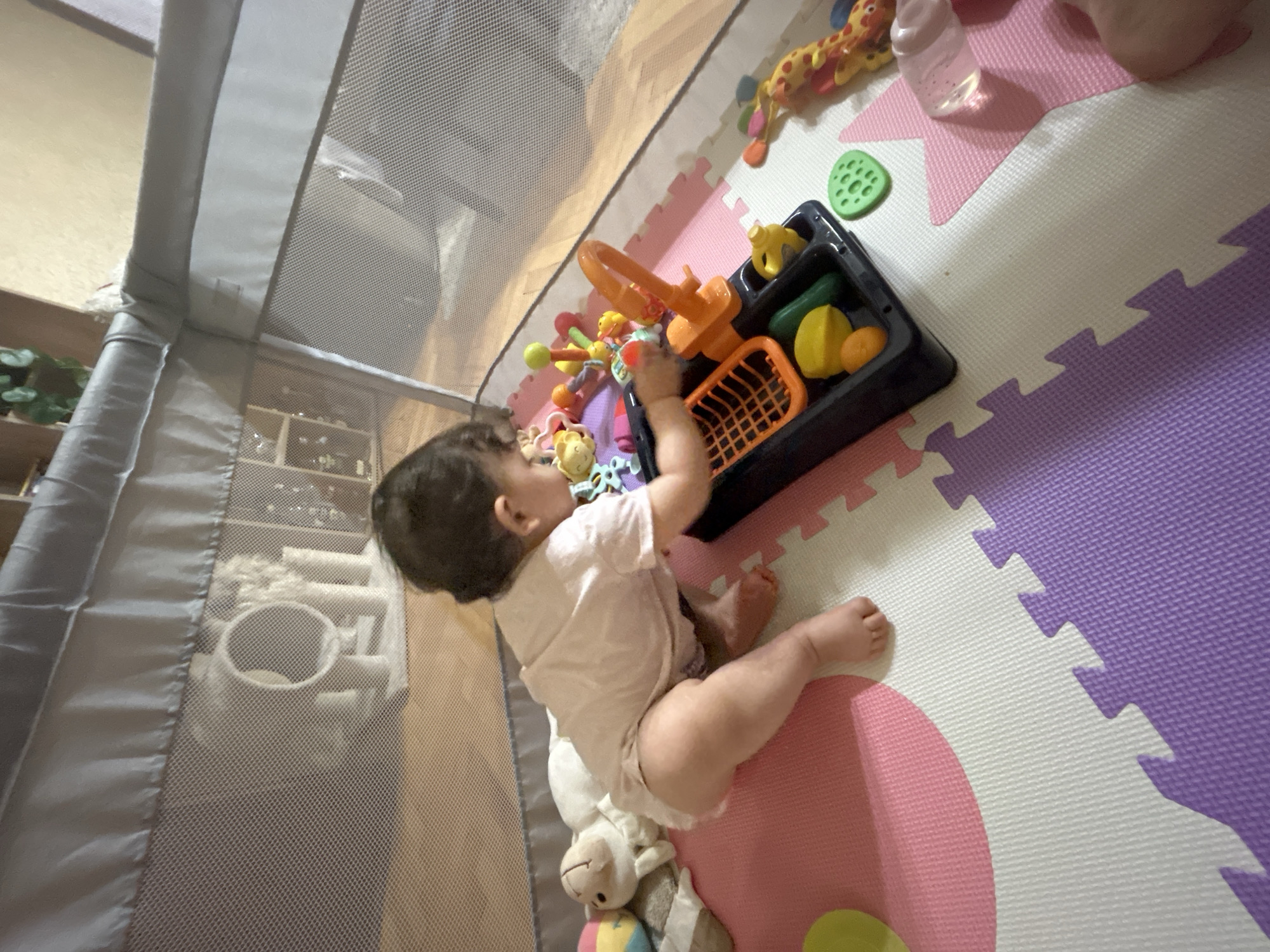 The media file depicts a baby playing inside a playpen. The baby, viewed from the side, is wearing a light-colored onesie and is reaching for a toy kitchen set. The playpen has a grey fabric border and mesh sides. The floor is covered with colorful interlocking foam mats in shades of pink, white, and purple, with a large pink star design visible.
Scattered around the playpen are various baby toys. These include a giraffe-shaped plush toy with yellow and red spots, a pink baby bottle, a green plastic disc-shaped toy with holes, and a black toy kitchen with orange and yellow plastic food items like lemons and oranges, as well as a miniature basket. Another colorful toy with spherical attachments is also present.
In the background, through the mesh of the playpen, shelves are visible, containing what appear to be bottles and other household items. A houseplant can also be seen on the left side. The lighting suggests it is daytime, likely indoors. The overall scene conveys a sense of a playful and safe environment for a baby. There is no visible text in the media file. The location is noted as Sofia, Bulgaria.