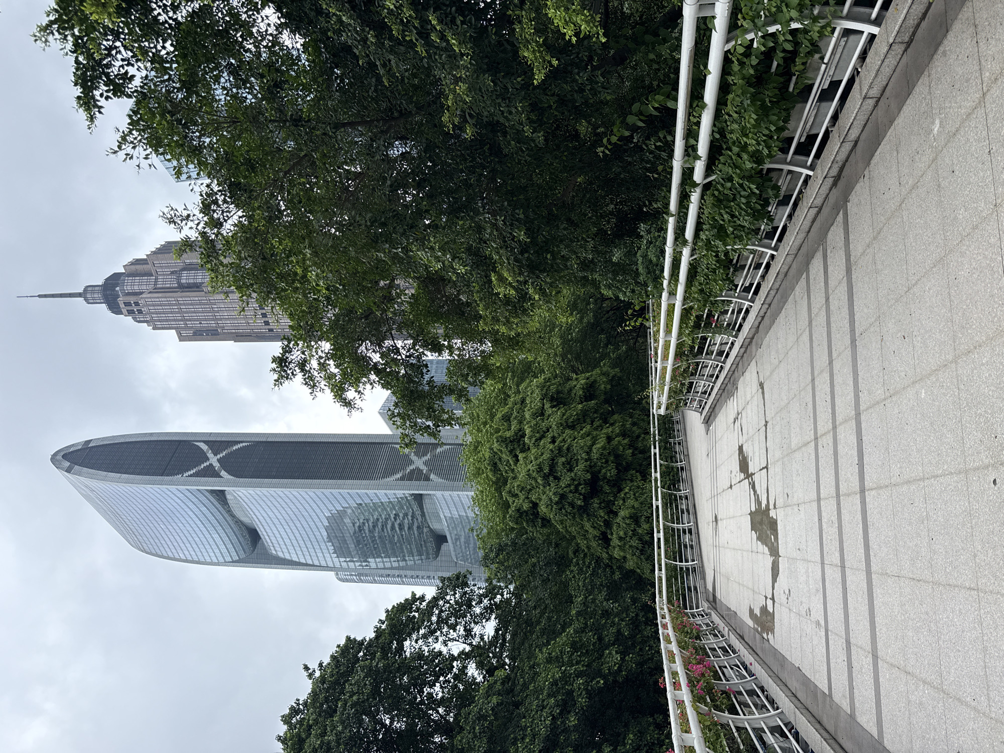 In Tianhe District, China, a pedestrian walkway with white railings and planters featuring pink flowers curves to the right. The walkway is paved with large, light-colored tiles, some of which are wet. Behind the walkway, a dense green canopy of trees partially obscures a modern, curved skyscraper with a distinctive "X" pattern on its facade, and a taller, more traditional skyscraper with a spire. The sky is overcast.