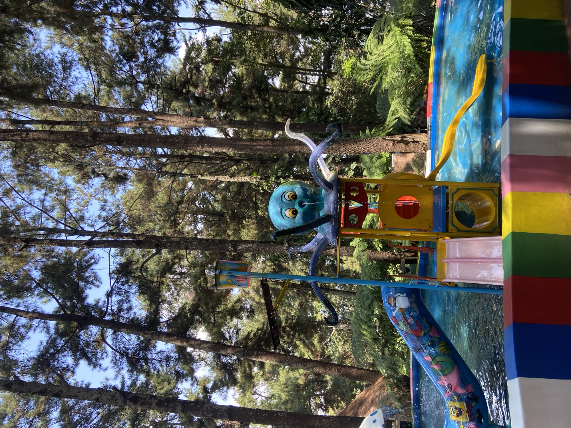 In Kuwukan, Indonesia, a water play area is nestled amongst tall pine trees. In the center of the image is a blue octopus-themed water slide structure with yellow and red accents. Water sprays from the octopus's mouth. To the left, a blue slide decorated with cartoon characters from SpongeBob SquarePants slopes into the pool. To the right, a yellow slide curves into the water. The pool is surrounded by a colorful, block-patterned border. Lush green ferns and trees form a dense backdrop to the scene, with the bright blue sky visible through the branches.