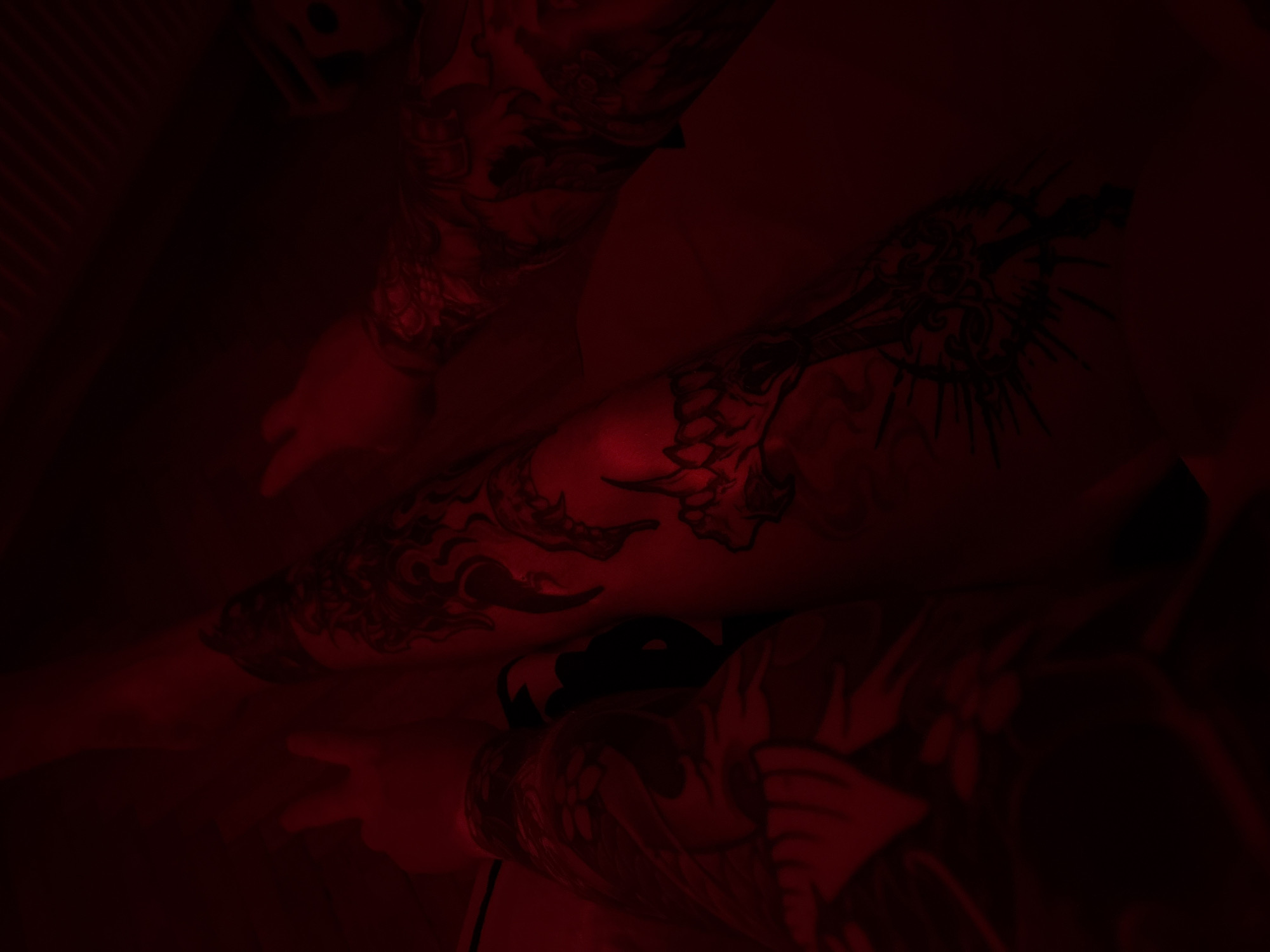 The image shows a person's arms and legs covered in tattoos. The image is lit with red light, making it difficult to discern specific details of the tattoos. It is impossible to determine if the image was taken in Pleven, Bulgaria, or any other location without further information.