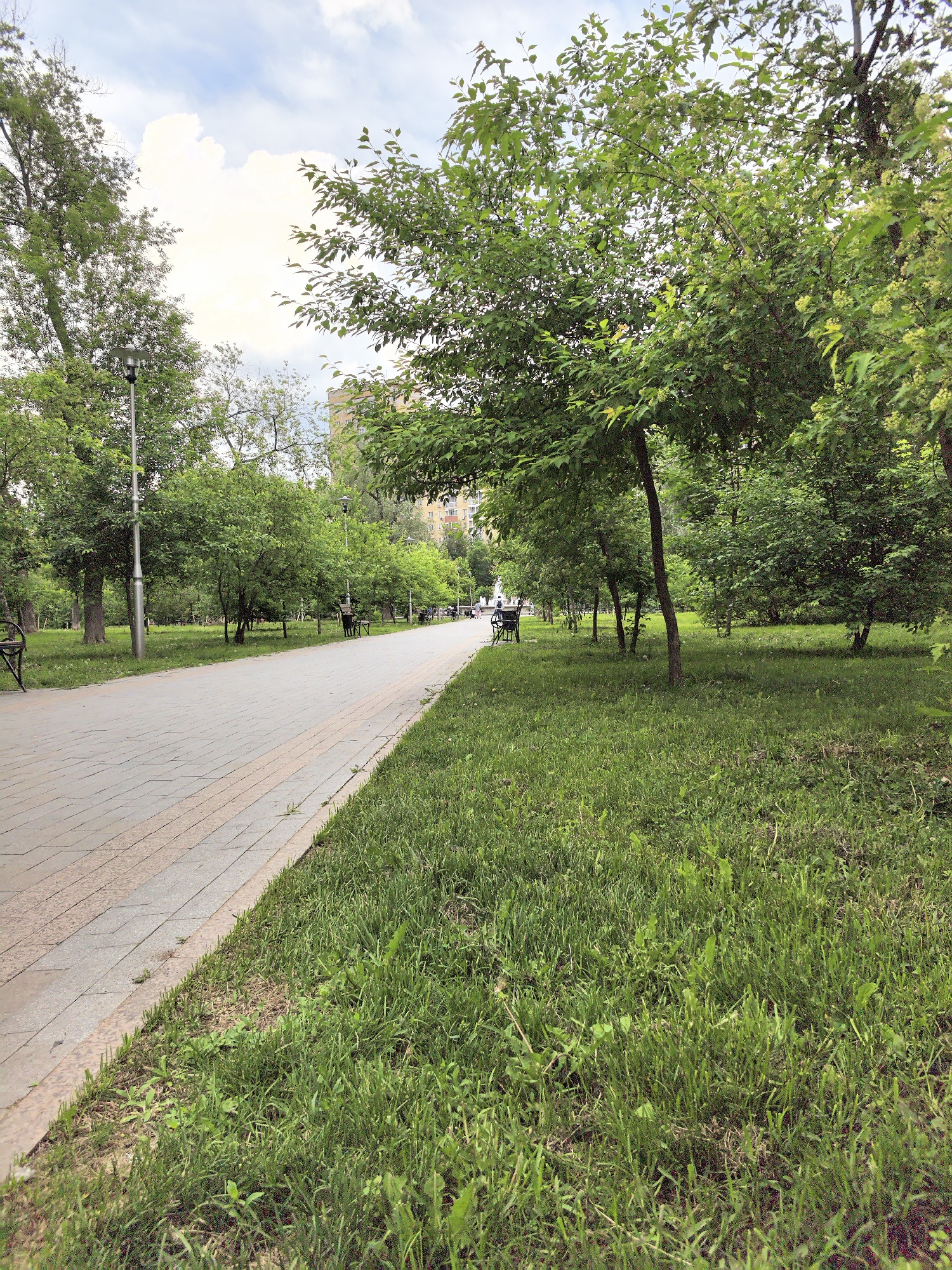 This media file captures a wide-angle view of a paved pathway winding through a verdant park or green space. The path, made of grey and beige rectangular paving stones, runs from the lower left foreground diagonally into the distance on the right.
On both sides of the path, there is lush green grass, with various trees and bushes forming a natural border. The grass in the foreground on the right is particularly dense and vibrant, showing some patches of wildflowers or weeds among the blades. The trees lining the path are full of green leaves, indicating a spring or summer season.
Several grey street lamps with modern designs are spaced along the pathway, illuminating it. A few dark-colored park benches are visible in the distance, inviting visitors to rest. In the far background on the right, parts of a light-colored building, possibly an apartment complex, can be seen peeking through the tree canopy, suggesting an urban or suburban setting.
A few blurry figures, likely people, are discernible in the far distance on the path, suggesting leisurely activity like walking or strolling. The sky above is bright with soft, white clouds, indicating a partly cloudy day with diffused natural light, possibly late morning or early afternoon. The overall atmosphere is tranquil and inviting. There is no visible text in the image.