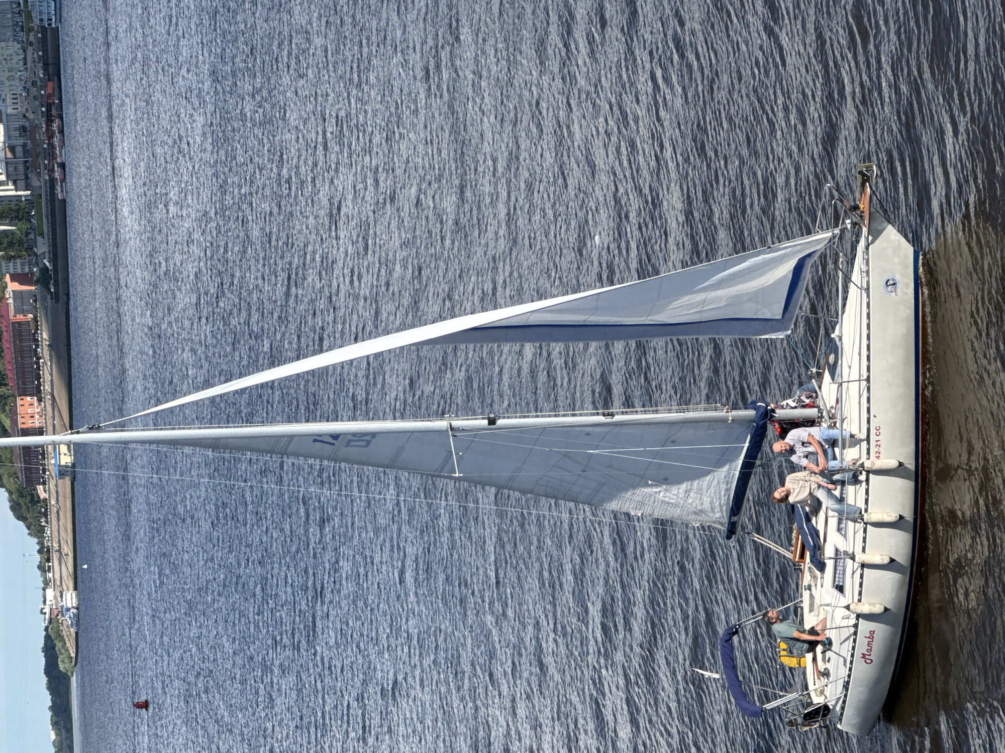A white sailboat with a blue stripe on its hull is sailing on a body of water, likely the Volga River in Nizhny Novgorod, Russia. Three individuals are visible on the deck of the sailboat. One person, wearing a green t-shirt, is standing and looking towards the left. Two other people, a man and a woman, are seated on the edge of the boat, facing forward and appearing to be engaged in conversation. The sailboat has a tall mast with a white sail. The name "Mamba" is written in red script on the side of the hull. The registration "42-21 CC" is also visible in red lettering. In the background, the cityscape of Nizhny Novgorod is visible, with buildings lining the shore. The sky is clear and blue.