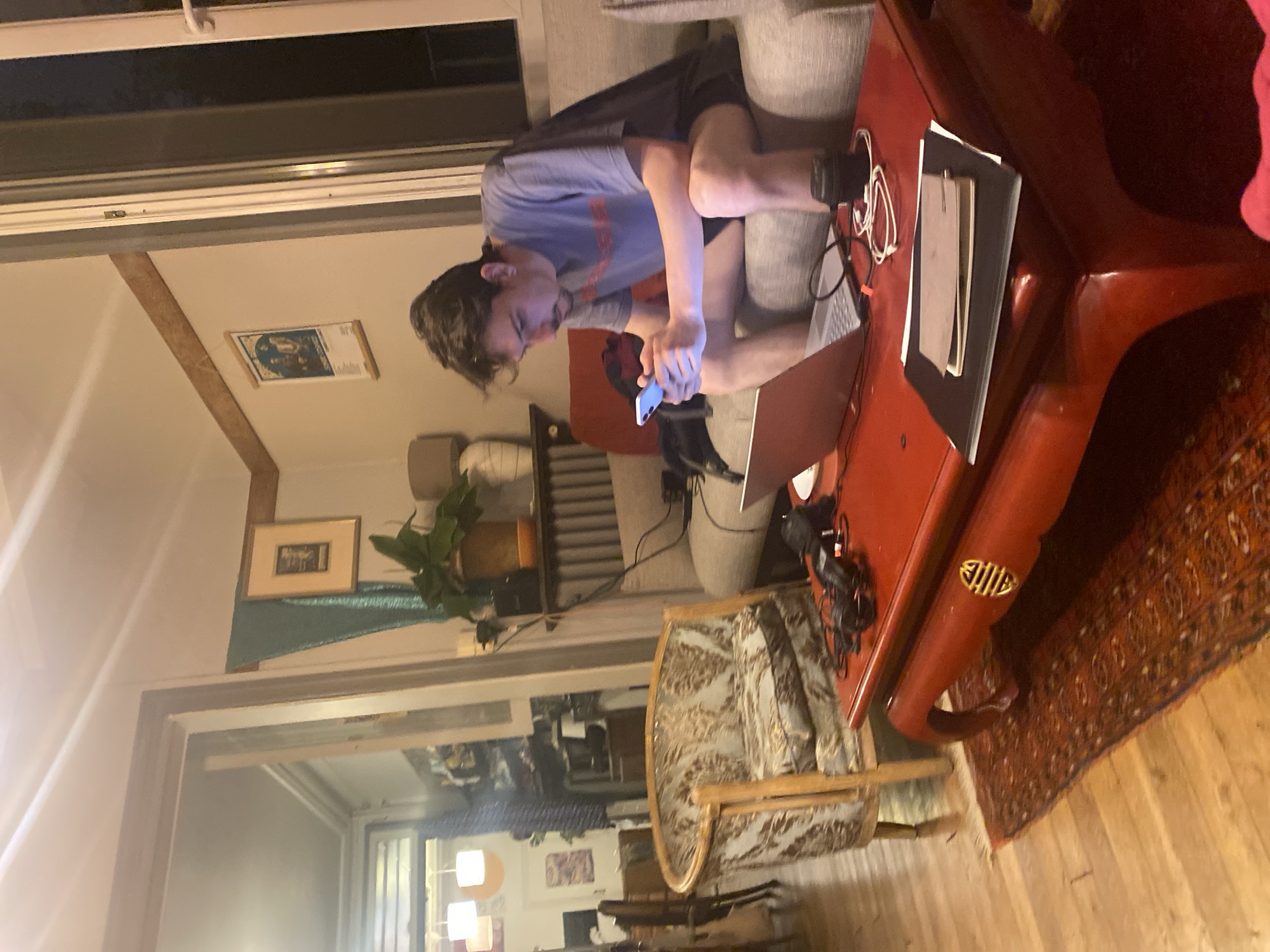 A person is seated on a grey couch while using a mobile phone and a laptop on a red table. There is a tan and white chair beside the red table and an oriental rug on the floor. The location appears to be an apartment, based on the interior details, but the specific location in Nanterre, France, cannot be determined from the visual information. Other items visible include framed art on the walls, potted plants, and headphones. The environment is lit with natural and artificial light.