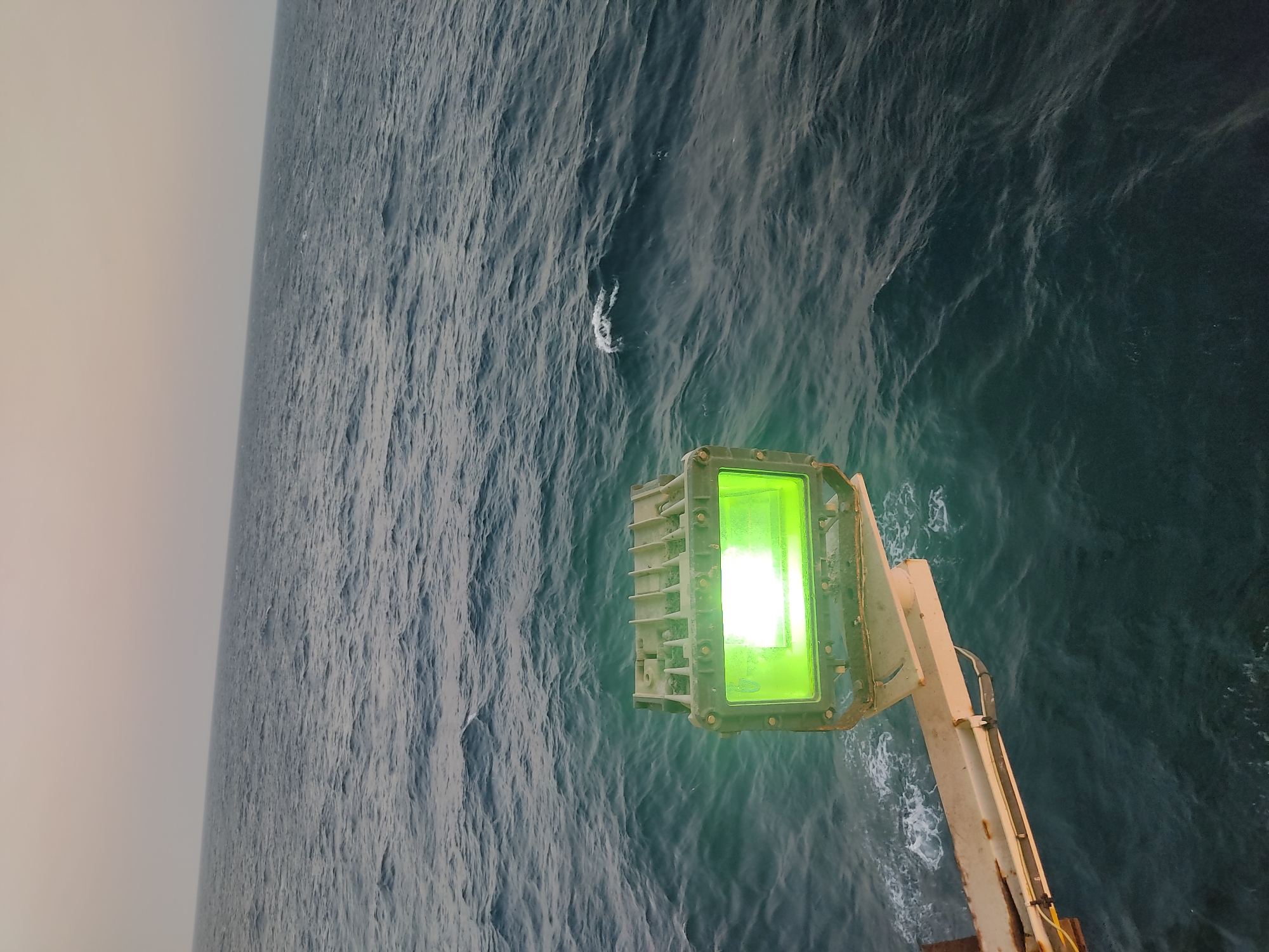 An outdoor, slightly high-angle shot shows a bright green floodlight aimed at the sea. The floodlight is mounted on a metal arm extending from the left side of the frame. The light itself is a rectangular box with a thick frame and a glass front, emitting a powerful green light. The arm is rusty and shows signs of wear. The sea fills the majority of the frame, with small waves creating ripples and white foam on the surface. The water is a deep blue-green color. The sky above is a muted, hazy pastel, suggesting either dawn or dusk. No people or other structures are visible in the image.