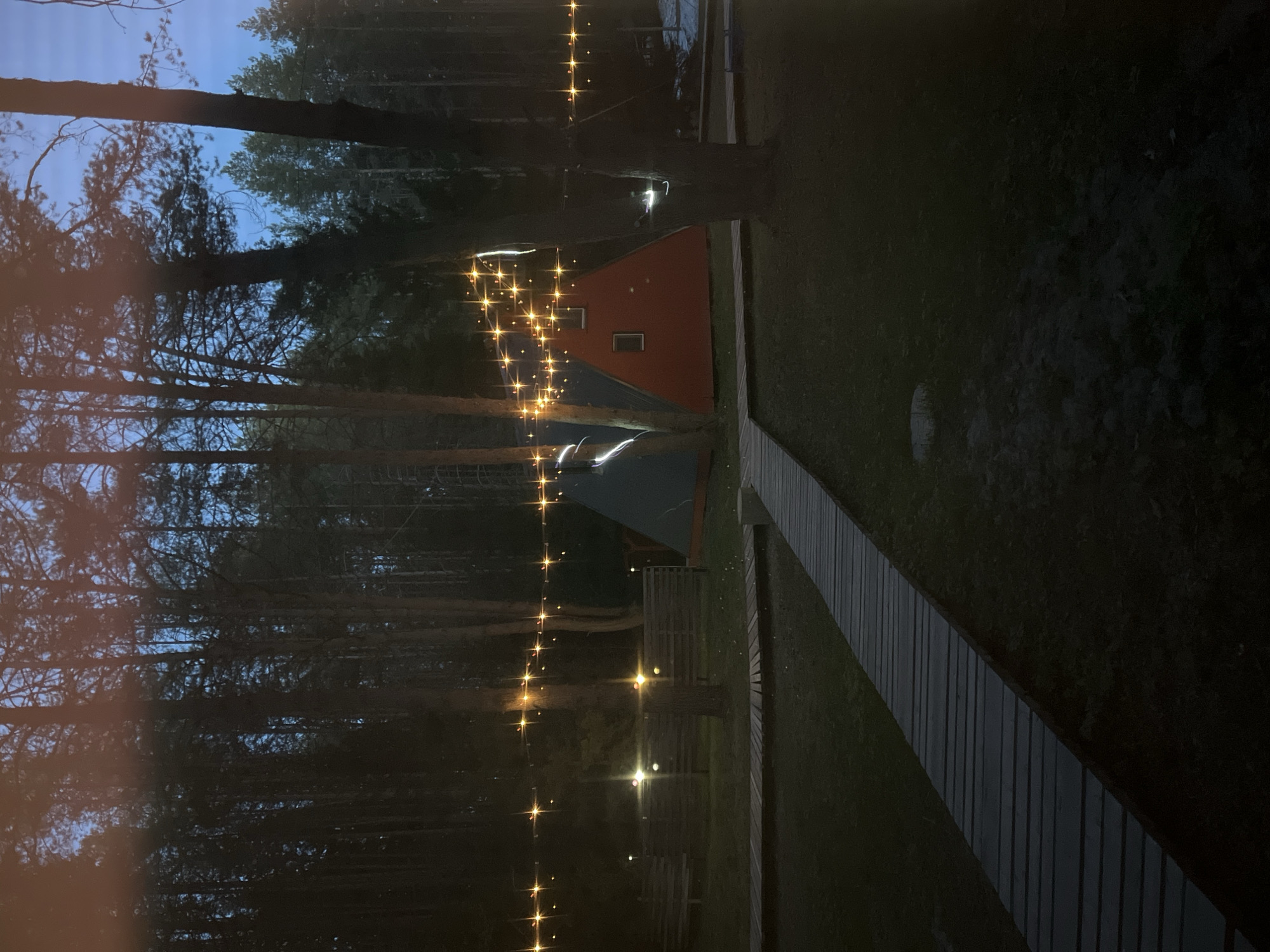 The image shows an outdoor scene in Polazna, Russia at dusk or night. A wooden walkway extends into a wooded area. Trees line the left side of the image, with string lights suspended between them. A small building, possibly a cabin, is visible in the background, illuminated by the lights. The sky is a dark blue hue. The overall impression is one of tranquility and outdoor ambiance.