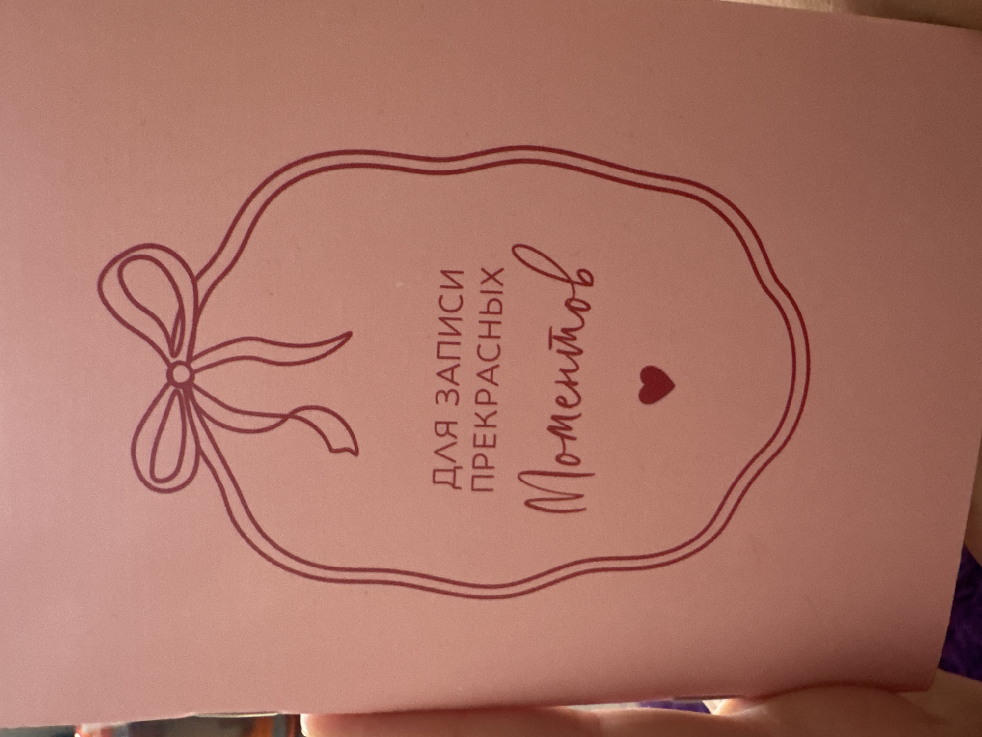 The image shows a pink notebook with a red illustration on the front. The illustration consists of a ribbon on the left, the words "ДЛЯ ЗАПИСИ ПРЕКРАСНЫХ Моментов" (FOR WRITING BEAUTIFUL Moments) written in Russian, and a small heart shape below the text. The location is Ново-Никольское, Russia.