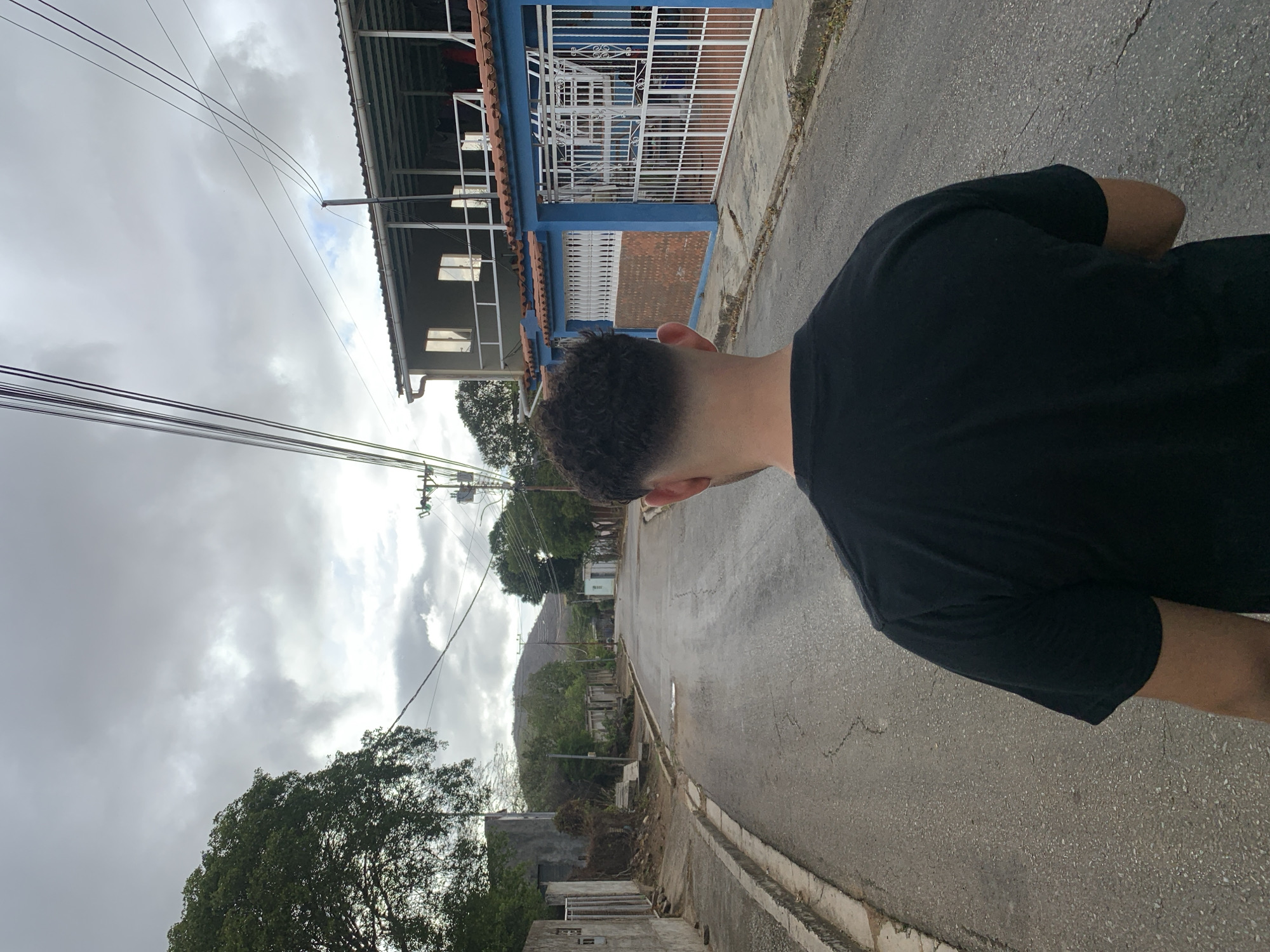 The image, rotated 90 degrees clockwise, presents a street scene from an over-the-shoulder perspective, looking forward. In the foreground on the right, the back of a person wearing a black t-shirt is visible. They have short, dark, curly hair with a clean fade on the sides, and their right ear is prominently featured.
The person is standing or walking on a paved street that extends into the distance, bordered by a concrete curb on the right. The road surface shows some cracks and minor imperfections. On the immediate left of the street, a house with a blue painted facade, a reddish-brown tiled roof, and an ornate white wrought-iron gate is visible. Further down the street, other residential buildings, some appearing aged or unfinished, line the road. Utility poles and a network of power lines crisscross the upper left portion of the sky.
Green trees and various vegetation are scattered along both sides of the street and extend into the background. A large, verdant hill or mountain forms the distant backdrop. The sky is heavily overcast with thick grey clouds, though small patches of brighter sky can be seen breaking through, suggesting diffused daylight. The weather appears to be cloudy, possibly after rain. No specific activity beyond walking or observing is depicted, and no visible text is present. The scene captures a residential area in La Tagua, Venezuela.