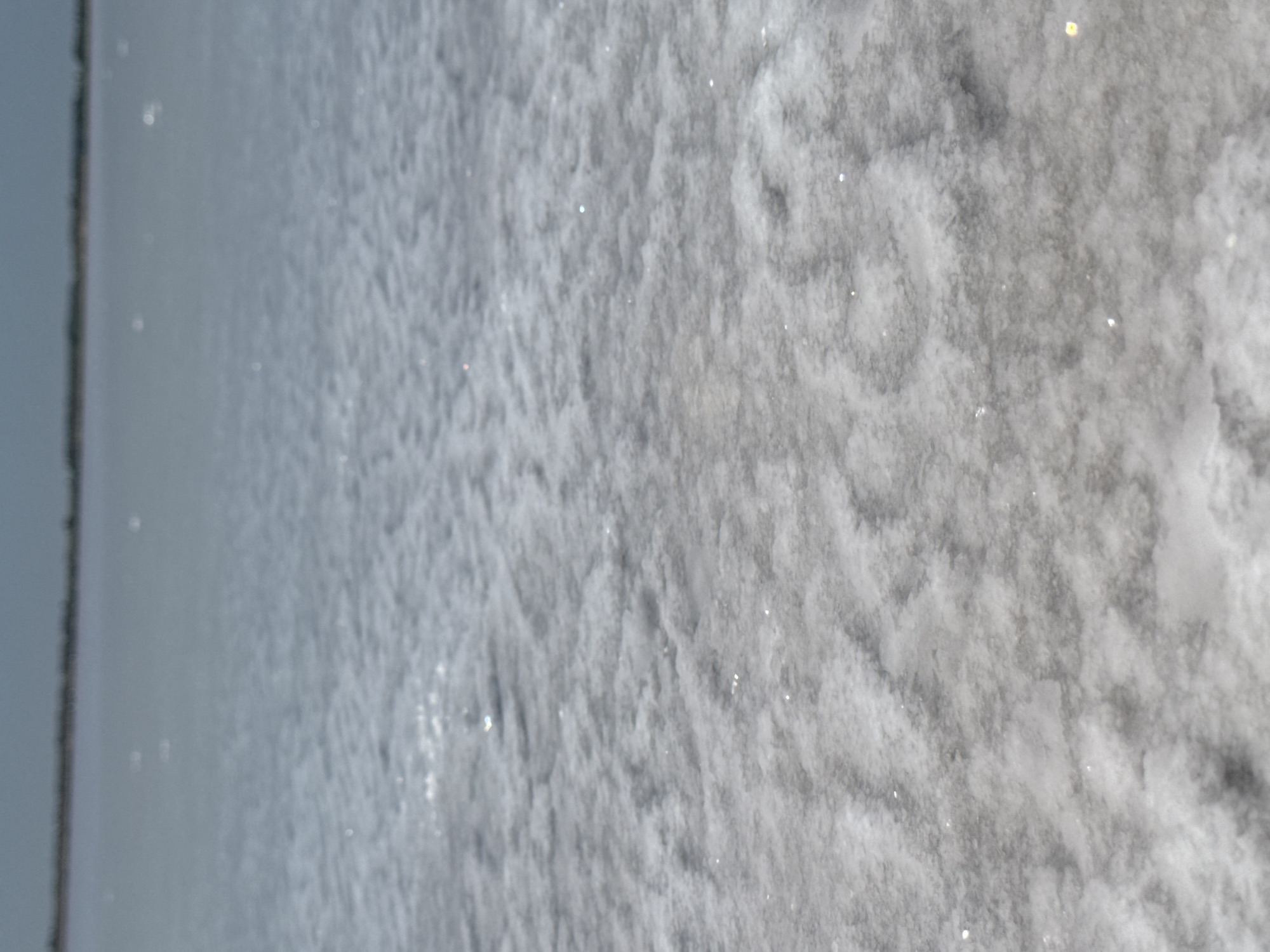 The image depicts a vast, flat expanse of salt flats or a saline lake, possibly near Bursol', Russia. The foreground is dominated by a textured, crystalline surface of salt, with a slightly rippled or uneven appearance, suggesting the presence of shallow water or a dried salt crust. Small, bright specks, likely reflections of sunlight on water droplets or salt crystals, are scattered across this surface. In the middle ground, the water appears calmer and more reflective, with distant, faint glints of light. The background shows a hazy, indistinct horizon line, likely representing the far edge of the salt flats or land, under a muted sky. The overall impression is one of a stark, natural landscape, characterized by a limited color palette of whites, grays, and muted blues. There are no visible people, structures, or man-made objects.
