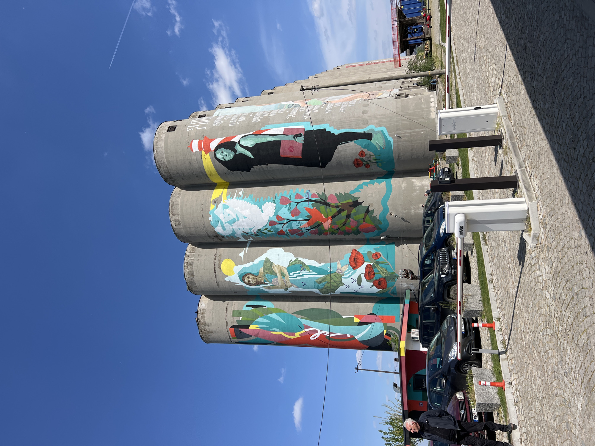 This vertical outdoor shot displays a row of tall, cylindrical concrete silos transformed into a vibrant public art installation under a bright blue sky. Each silo is adorned with a distinct, colorful mural.
From top to bottom, the visible murals include:
1. A partial view of Cyrillic text and abstract shapes.
2. A stylized depiction of a woman lying down, wearing a black dress, with a red and white striped cone-like object on her head. She holds a red book, and red flowers bloom near her feet against a blue background.
3. An abstract natural scene featuring a white bird-like creature, pink flowers, green foliage, and a red bird amidst blue and green forms.
4. A figure, possibly female, partially submerged in water and holding a fish. The scene also includes a yellow sun, a green turtle-like creature, a white rabbit, and red flowers.
5. An abstract landscape characterized by wavy lines and blocks of color in blues, greens, reds, and yellows.
Alongside the silos, a parking area paved with cobblestones is visible. Several cars are parked, including a dark blue Jeep Renegade, a dark grey SUV, and a dark red sedan with a license plate partially visible as "BGP 769". White parking barriers, one clearly labeled "FAAC", and black support posts line the parking area. In the foreground, a man with grey hair, dressed in a dark jacket and dark trousers, stands near the red sedan.
The sky is bright blue with a few scattered white clouds and a clear airplane contrail visible in the upper left. The scene is illuminated by bright daylight, suggesting clear weather. This setting, with repurposed industrial structures featuring contemporary murals and a cobblestone street, aligns with urban regeneration projects often found in cities like Belgrade, Serbia.