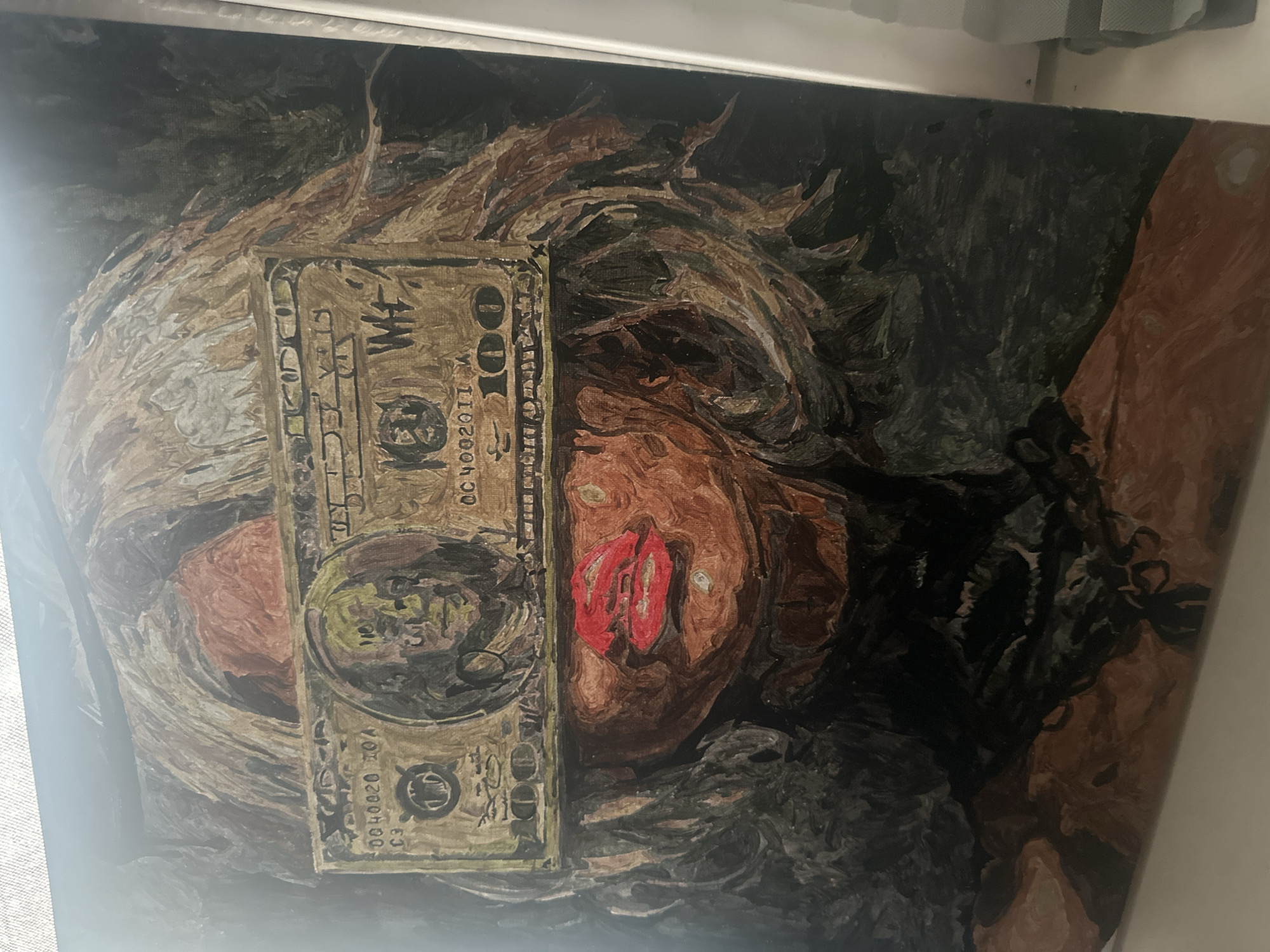 The image shows a painting on what appears to be a canvas. The painting features a woman's face partially obscured by a hundred-dollar bill. The woman's face is visible from the nose down, with prominent red lips. The background is abstract and dark, with visible brushstrokes. The location in the city of Высокий, Russia, is not identifiable from the image.