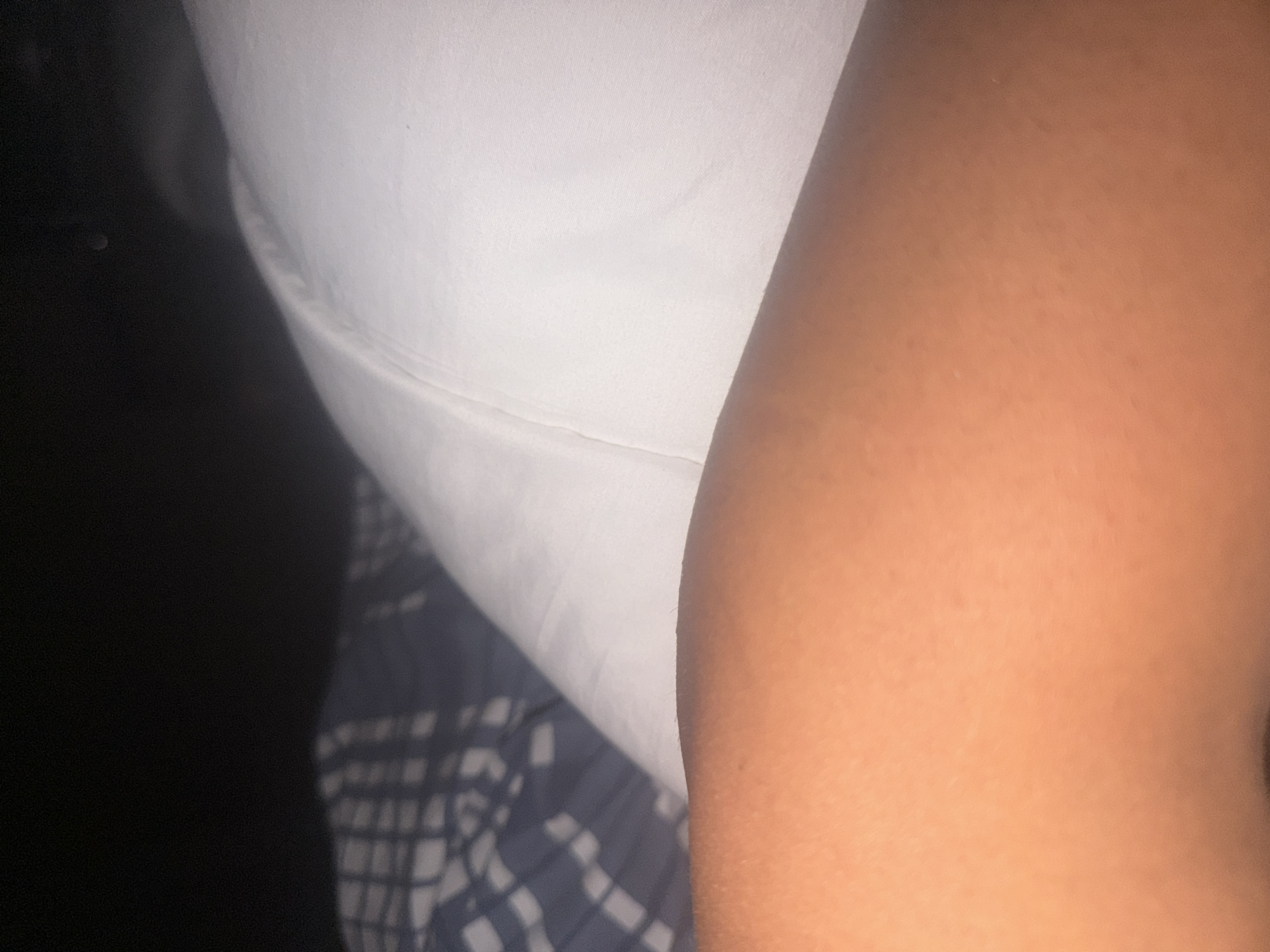 This image presents a close-up, angled view of a person's body and surrounding textiles, likely taken indoors in a bedroom setting.
On the right side of the frame, a segment of a human arm is visible, characterized by a fair to medium skin tone with fine hair and skin texture. The arm appears to be resting. Adjacent to the arm, occupying the central and upper-left portions of the image, is a large expanse of plain white fabric, likely a bedsheet or pillowcase, showing subtle folds and a fine woven texture.
Below the white fabric and extending into the bottom-left corner is another fabric, patterned with a dark blue or grey and white checkered or grid design, suggesting a blanket or another bedsheet. The far left side of the image is a dark, undifferentiated area, possibly a shadow or an unlit part of the environment.
The overall scene suggests a person resting or lying down on a bed. No specific activity, emotions, or identifiable location cues beyond a typical indoor bedroom setting are discernible. There is no visible text in the image. The lighting appears soft and indirect.