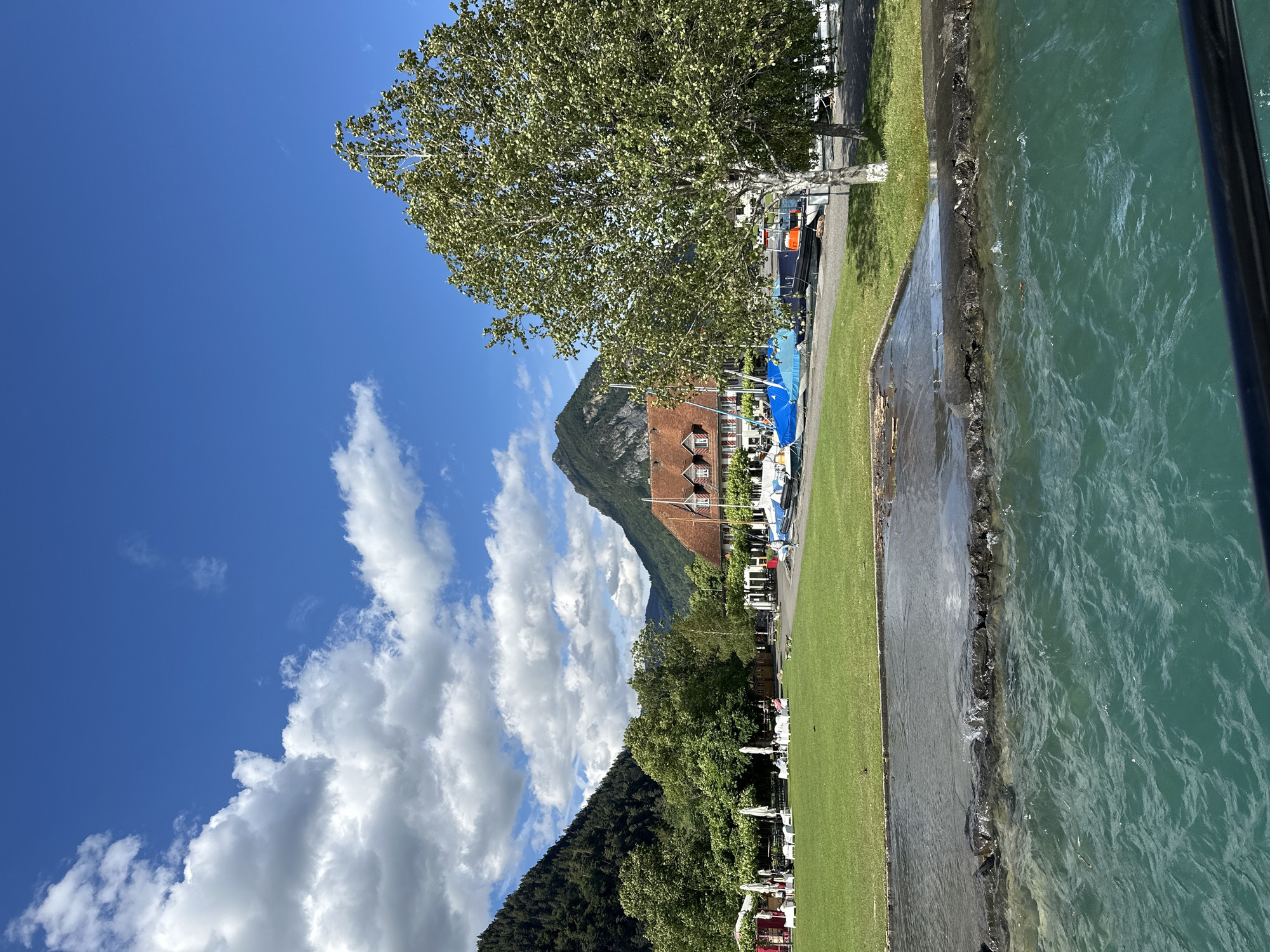 The image captures a sunlit scene in Unterseen, Switzerland, likely near the shore of Lake Thun. In the foreground, the turquoise water of the lake is agitated, with small waves lapping against a stone and concrete embankment. Beyond the embankment, a meticulously maintained green lawn stretches towards a paved area lined with boats. Several sailboats, some covered with blue tarps, are docked. A few white umbrellas and chairs are set up on the lawn, suggesting a recreational area. In the background, a building with a red-tiled roof and dormer windows stands prominently, possibly a hotel or restaurant. Beyond the building, lush green trees and the dramatic, tree-covered slopes of the Swiss Alps form a majestic backdrop under a bright blue sky dotted with fluffy white clouds. A mature tree with light green foliage stands to the right, its branches reaching towards the sky. The overall atmosphere is one of tranquility and natural beauty.