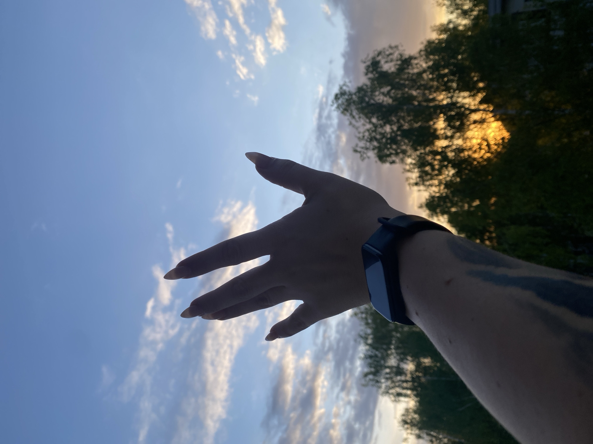 A person's left hand is extended upwards towards the sky. The hand features long, almond-shaped fingernails. The person is wearing a black fitness tracker on their left wrist. A tattoo is visible on the forearm. The background consists of a sky with white clouds and the silhouette of trees with sunlight shining through them. The image was taken in the city of Chaikovsky, Russia.