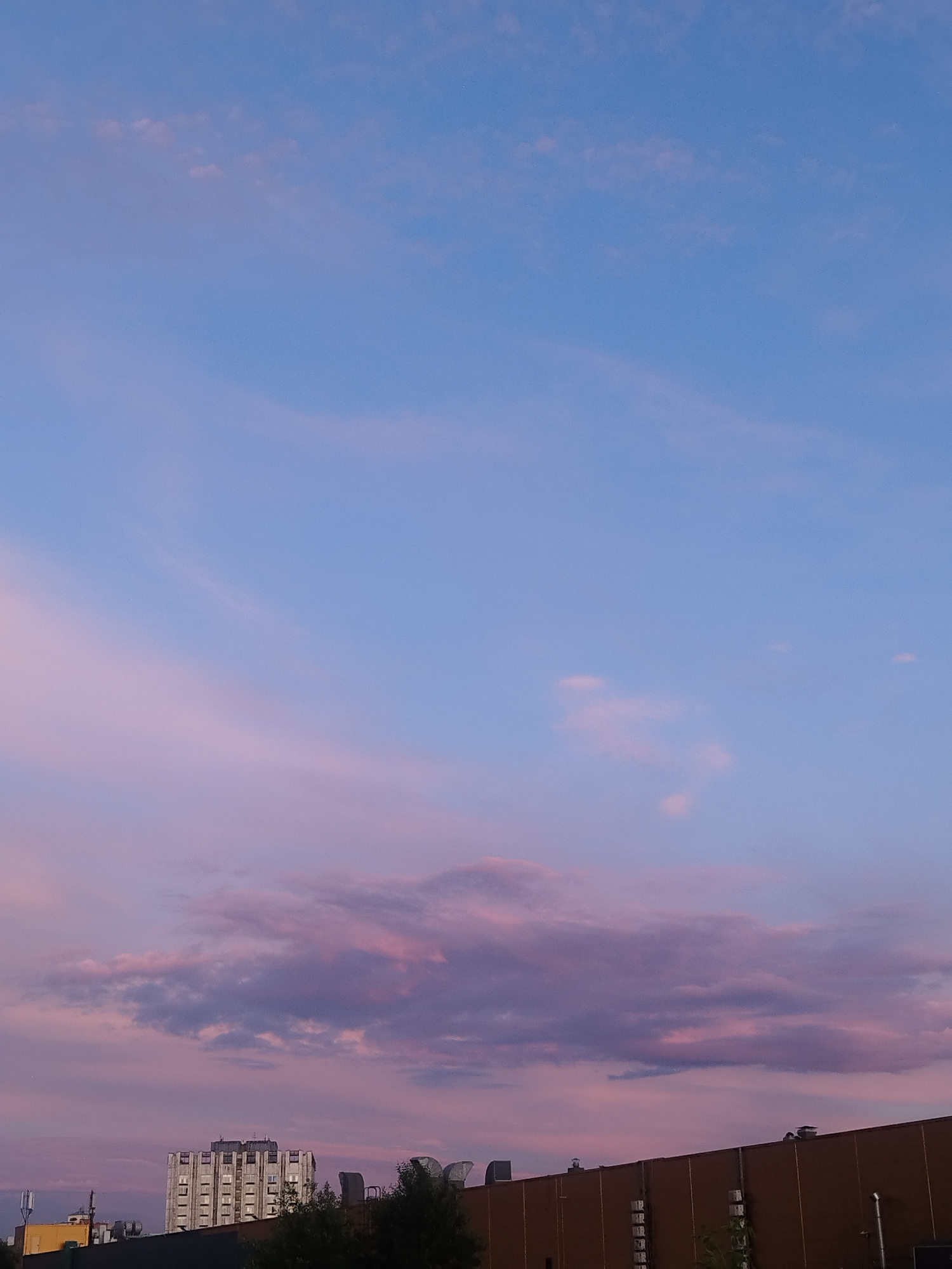 The image depicts a twilight sky over an urban landscape, likely in Saint Petersburg, Russia. The sky is a gradient of soft blue and pink hues, with wispy clouds illuminated by the setting sun. In the foreground, the tops of several buildings are visible. A prominent multi-story building with a distinct facade of regularly spaced windows and vertical accents stands centrally. To the right, a long, low, brown building with a flat roof and ventilation systems can be seen. Silhouetted trees and other structures are also present, suggesting a residential or commercial district. There are no people visible in the image. The overall impression is one of a calm, urban evening.