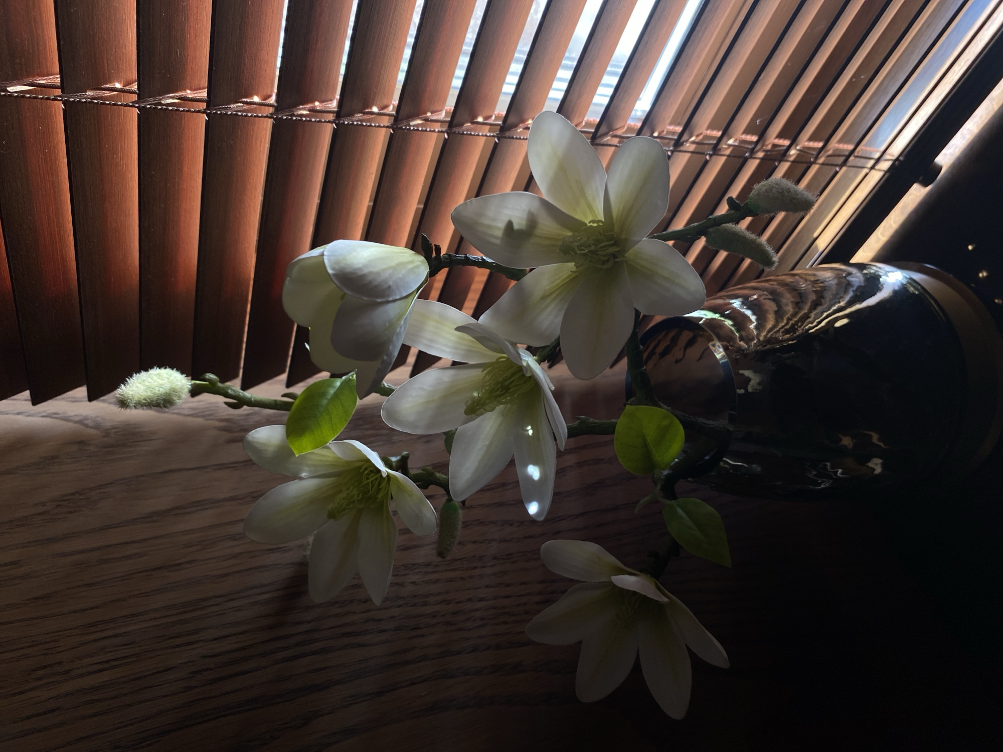 An arrangement of artificial magnolia flowers and buds in a dark, reflective vase sits on a surface in front of a wooden Venetian blind. The lighting suggests the image was taken indoors, possibly during the day, with light filtering through the blinds. The background shows a textured wooden surface. The scene is static and appears to be a still life. There are no people or animals present. The location in Votkinsk, Russia, is not visually apparent from the image itself.