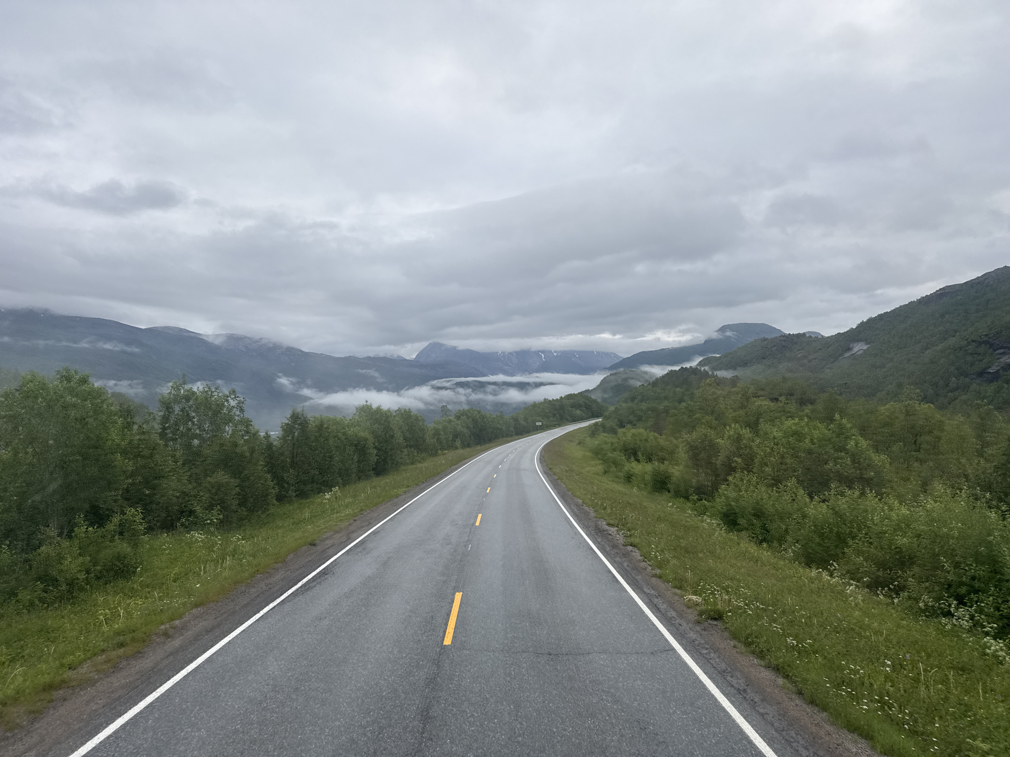The image depicts a winding asphalt road with a white line marking its edges and yellow dashed lines indicating lanes. The road is surrounded by lush green grass and dense foliage on either side, leading towards a backdrop of majestic, mist-shrouded mountains. The sky is overcast with gray clouds, contributing to a moody, serene atmosphere. The scene is consistent with the landscape found in Sørfjordmoen, Norway, characterized by its dramatic fjords, mountains, and verdant vegetation. There are no people or vehicles visible in the image, focusing solely on the natural environment and the man-made road traversing it. The overall impression is one of a peaceful, remote journey through a picturesque natural setting.