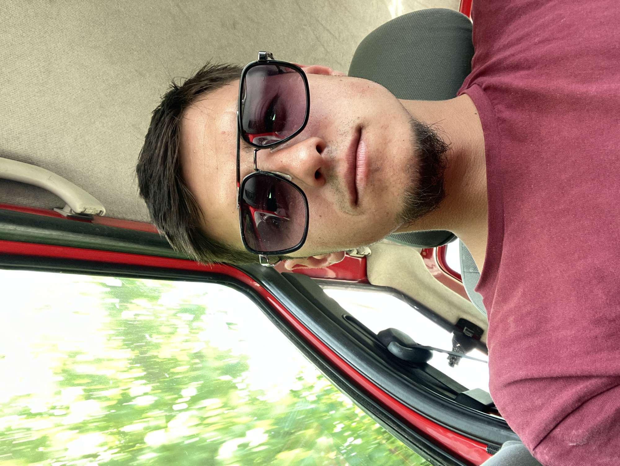 A man with sunglasses and a short beard is pictured from a low angle inside a vehicle. He is wearing a maroon t-shirt. The car's interior includes a red door frame, a gray headrest, and a beige ceiling. Outside the car window, blurred green and white foliage suggest a moving vehicle. It is not possible to determine the location within Krastevich, Bulgaria from this image.