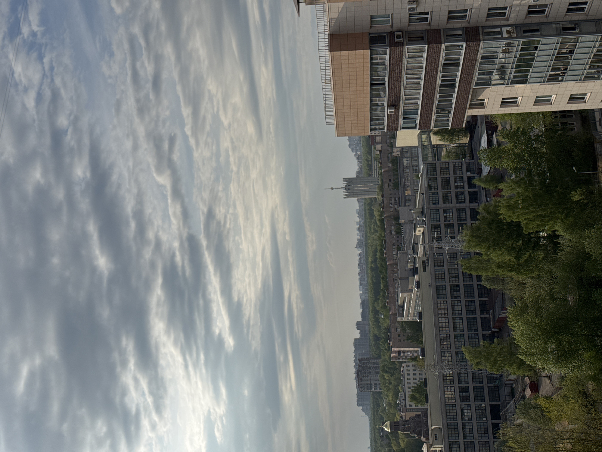 This is an eye-level, outdoor photograph of a cityscape with a large, cloudy sky taking up roughly half the frame on the left. On the right side of the frame is a series of buildings of varying heights. The closest building is tan with brown brick accents. The buildings are various shades of gray and have many windows. Green trees are visible between the buildings. There is a tall structure in the distance.
The photograph likely depicts a scene in Saint Petersburg, Russia, based on the architectural styles and urban environment visible in the image.