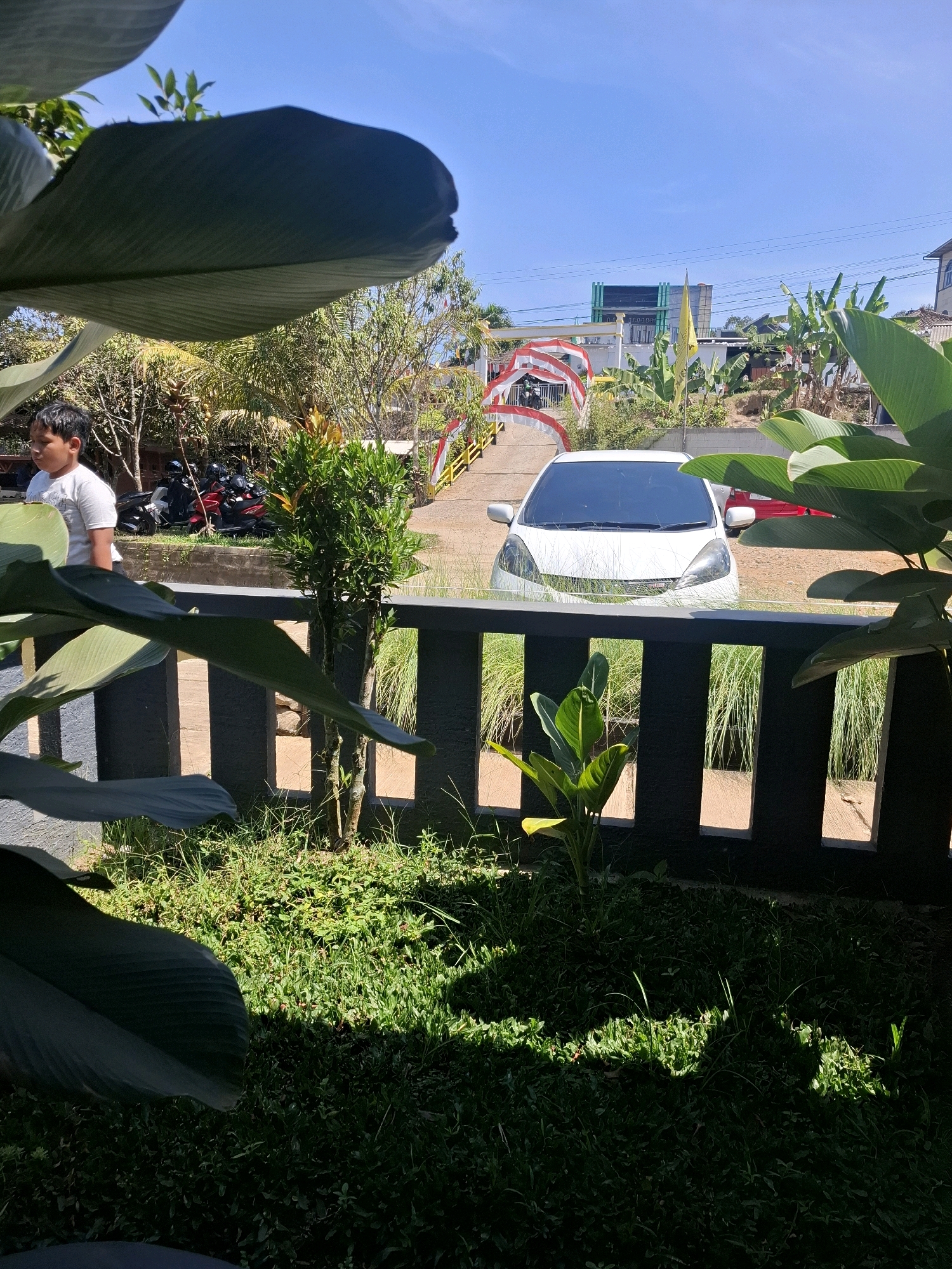 The image shows an outdoor scene on a sunny day, likely in Cibentang, Indonesia, as suggested by the architecture and vegetation. In the foreground, a dark, horizontal fence with rectangular cutouts separates a lush green grassy area from a pathway. Large, dark green leaves of a tropical plant are prominently featured in the lower left corner, casting shadows.
Beyond the fence, a young boy wearing a white t-shirt stands on the left, looking to his left. Behind him, a row of parked motorcycles, some red and some black, are visible. A small, green shrub stands near the center of the image, behind the fence.
In the middle ground, a white car, appearing to be a hatchback, is parked on a paved area. Another red car is partially visible behind it. A bridge with decorative red and white arches spans across the pathway leading to a building in the background. This building appears to be a modern structure with green accents. Yellow flags and banana trees are scattered around the area. The sky is clear and blue. The overall scene suggests a residential or recreational area with a touch of festive decoration.