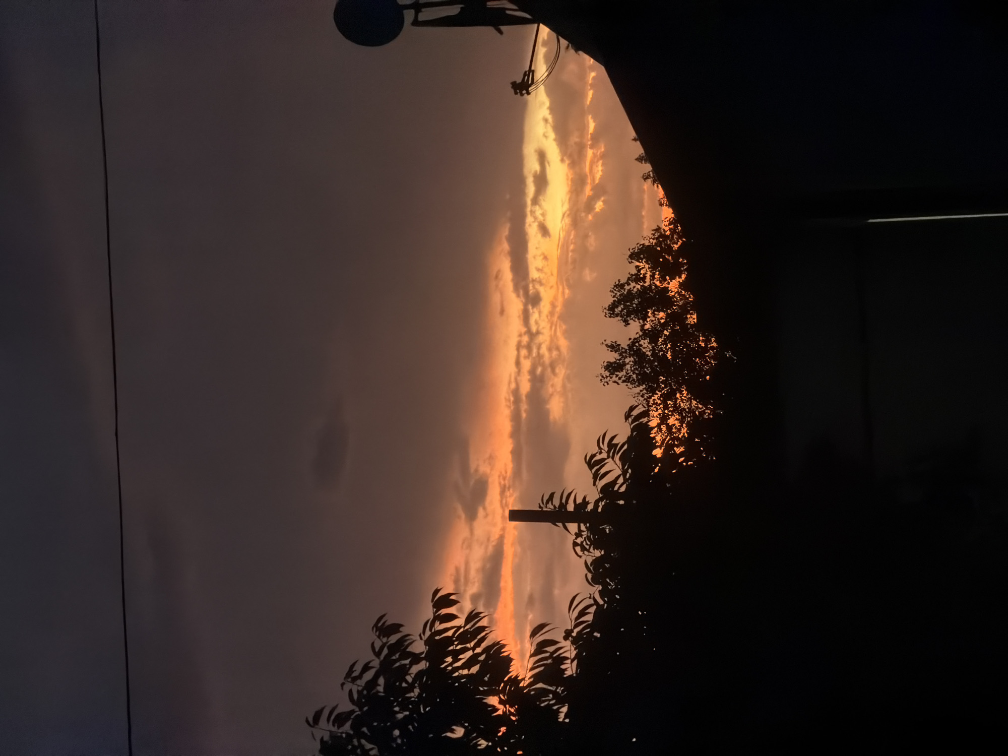 A silhouette of trees, a utility pole, and a roofline with a satellite dish are visible against a dark, cloudy sky. The sky is illuminated with streaks of orange and yellow, suggesting a sunset or sunrise. The location is identified as Bila Tserkva, Ukraine. The scene is devoid of people or any discernible activity. The overall atmosphere is one of twilight and quietude.