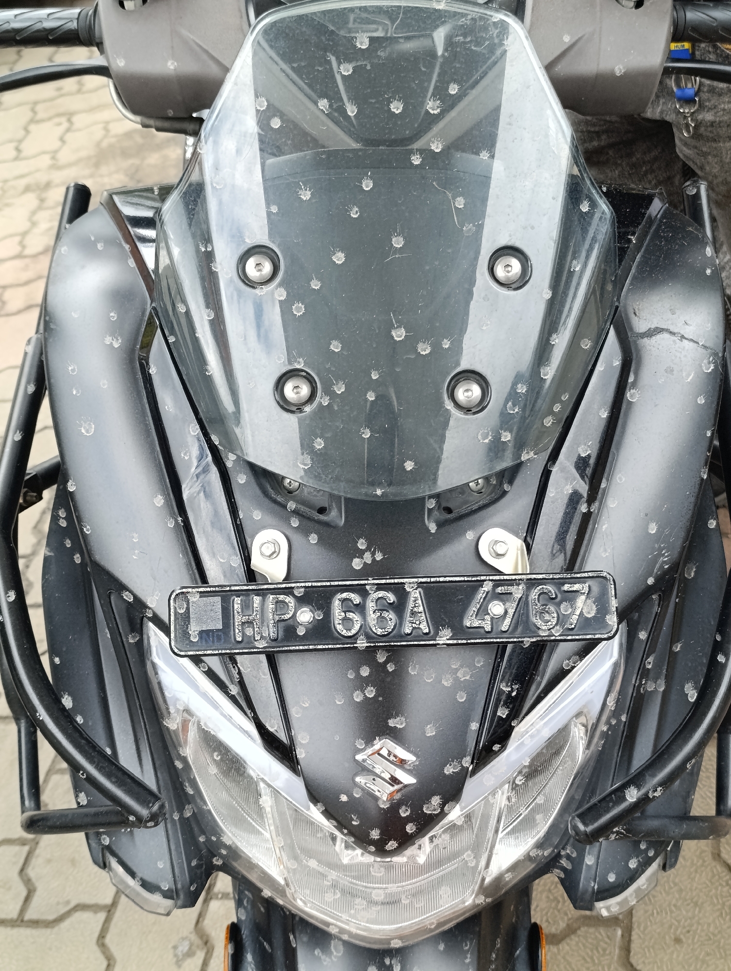 The image shows a close-up, eye-level view of the front of a black motorcycle parked outdoors. The motorcycle is dirty, with numerous small, white splotches covering its windshield, fairing, and headlight assembly, likely bird droppings. The license plate, mounted below the windshield, reads "HP 66A 4767" in white lettering on a black background. The motorcycle has a clear windshield with four silver bolts, and a black metal crash bar is visible on either side of the front. The Suzuki logo is visible on the front fairing. The background appears to be a paved area with a tan and gray patterned surface, characteristic of a street or sidewalk. The overall scene suggests a parked motorcycle in an outdoor urban or semi-urban environment in Vashisht, India.
