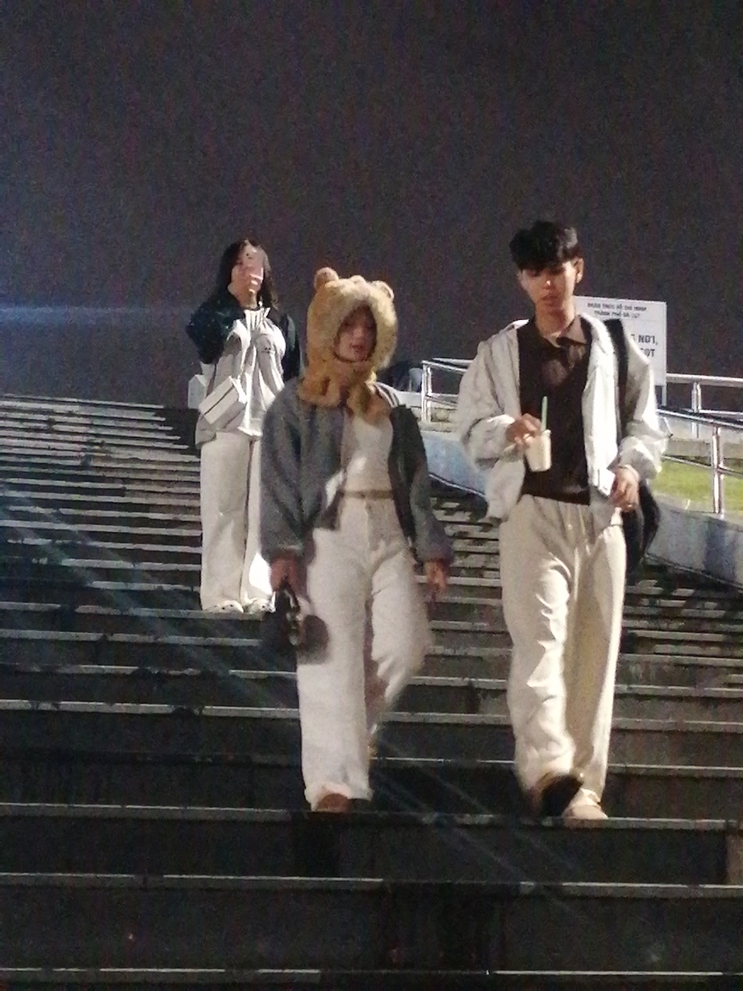 Three young people are walking up a set of outdoor stairs at night. The person in the foreground on the right is a young man wearing a light-colored jacket over a dark shirt and light-colored pants. He is holding a beverage with a straw in his right hand. The person in the middle is a young woman wearing a gray jacket over a white top and white pants. She has a brown fuzzy hood with bear ears on her head and is holding a dark object in her left hand. The third person, a young woman, is walking up the stairs behind them to the left, wearing a dark jacket over a white outfit and carrying a white purse.
The scene is dimly lit, suggesting it is nighttime. The stairs are made of dark material with lighter risers. In the background, there is a blurry sign with some visible text, and some railings can be seen. The overall atmosphere is casual. The people appear to be walking together, possibly engaged in conversation or enjoying an evening outing. The lighting and their clothing suggest a cool evening. There is no immediate indication of the specific location beyond it being outdoors with stairs. The visible text on the sign is partially obscured but contains the words "NOT" and "OT".