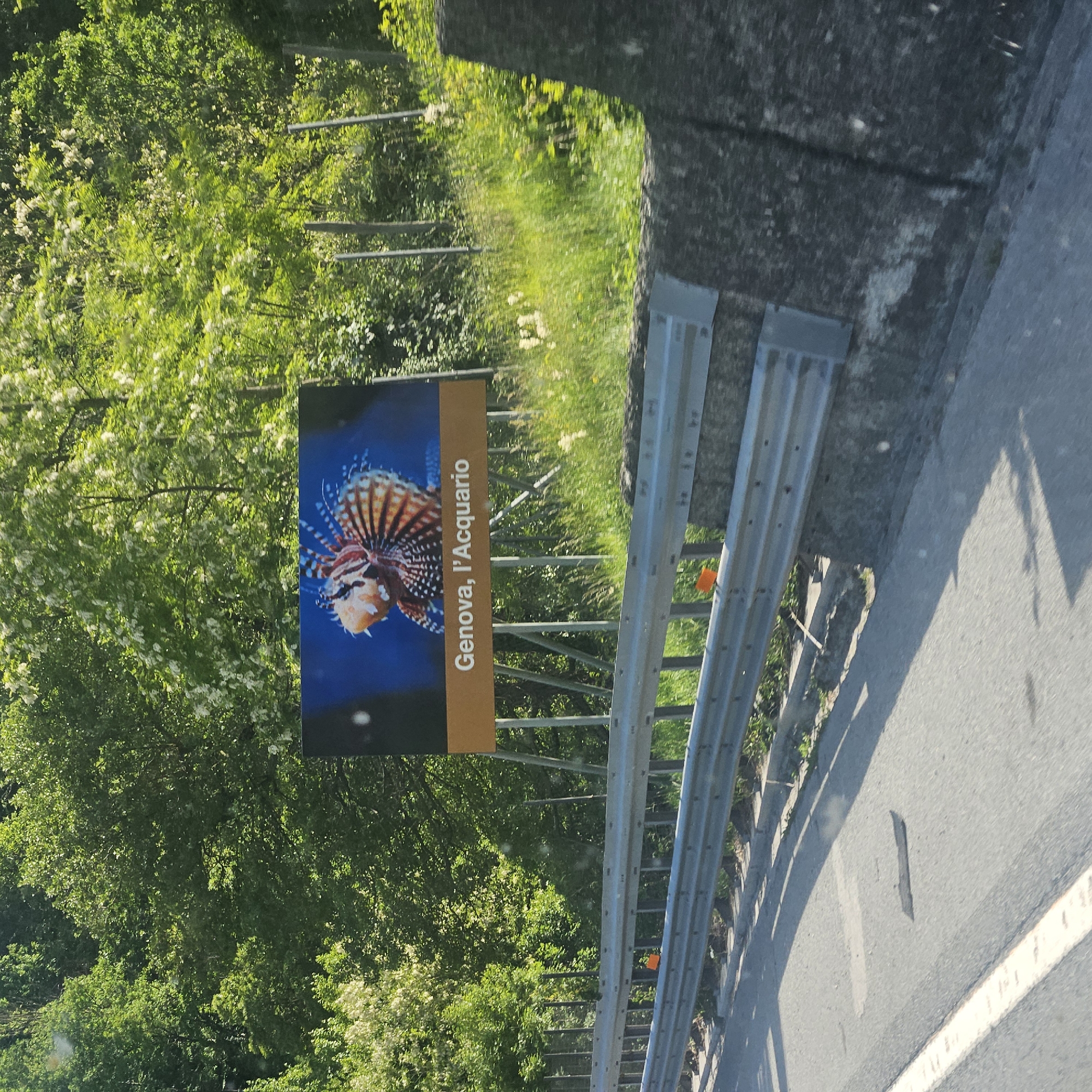 The image shows a roadside sign advertising the Aquarium of Genoa, Italy ("Genova, l'Acquario"). The sign features a photograph of a lionfish. It is mounted on metal poles adjacent to a guardrail. The surrounding environment includes green foliage and a section of road. The image appears to have been taken from a moving vehicle. The city location is not directly discernable.