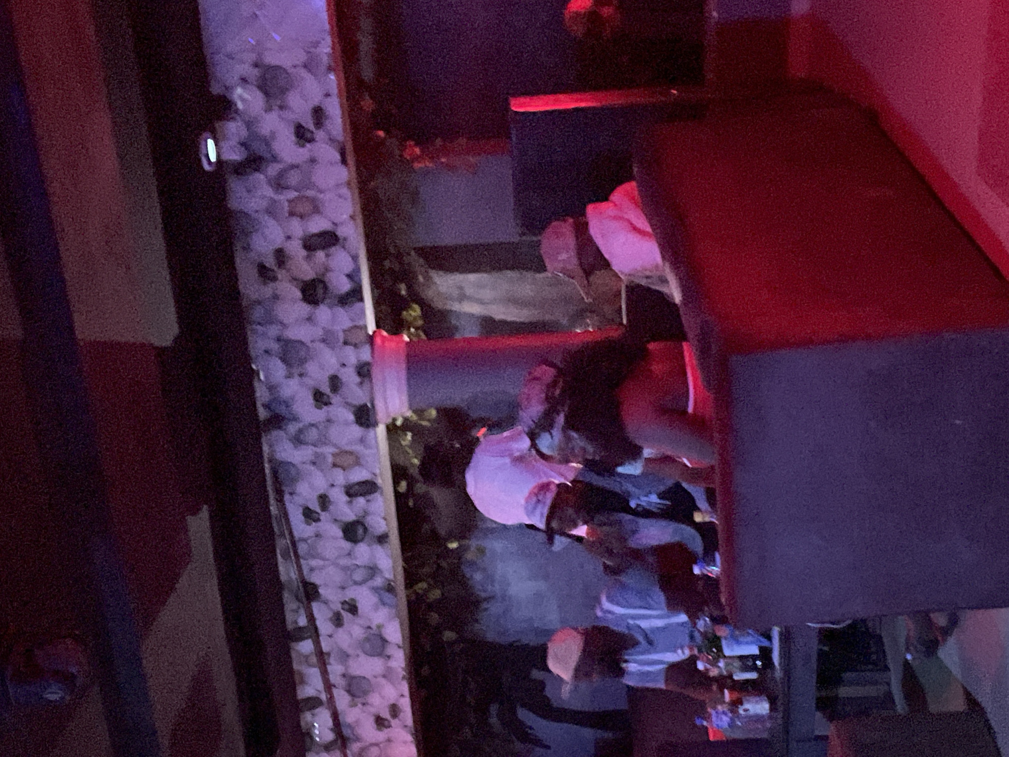 The image depicts an indoor gathering, likely a bar or lounge, with dim lighting and purple and red hues dominating the scene. In the foreground, a plush, dark-colored couch occupies the lower right portion of the frame. In the background, a group of individuals are seated around a table laden with bottles, suggestive of drinks.
The individuals present include several men wearing caps and casual attire, and at least one woman. One person stands near the table, partially obscured by the others, wearing a white t-shirt. The wall behind the group features a textured pattern resembling stones, and a backdrop of foliage and trees is visible, possibly a mural or artificial decoration.
The overall impression is that of a social event in a dimly lit entertainment venue. The location is specified as Durimi, Nigeria.