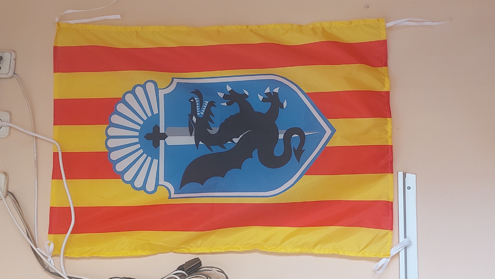 A vertically oriented flag with alternating red and yellow stripes hangs on a light-colored wall. Centered on the flag is a shield with a light blue background. Within the shield, a black dragon is depicted in profile, facing left, with its wings spread. A silver sword with a black cross-like hilt is positioned vertically behind the dragon, piercing through the shield. Above the shield, a white, fan-shaped emblem with radiating lines is visible. The flag is attached to the wall by white ties at the top corners and near the bottom corners. Electrical cords and outlets are visible in the upper portion of the image, and a white metal track is mounted on the wall near the bottom of the flag. The image does not provide information about the city of Son Carrió, Spain.