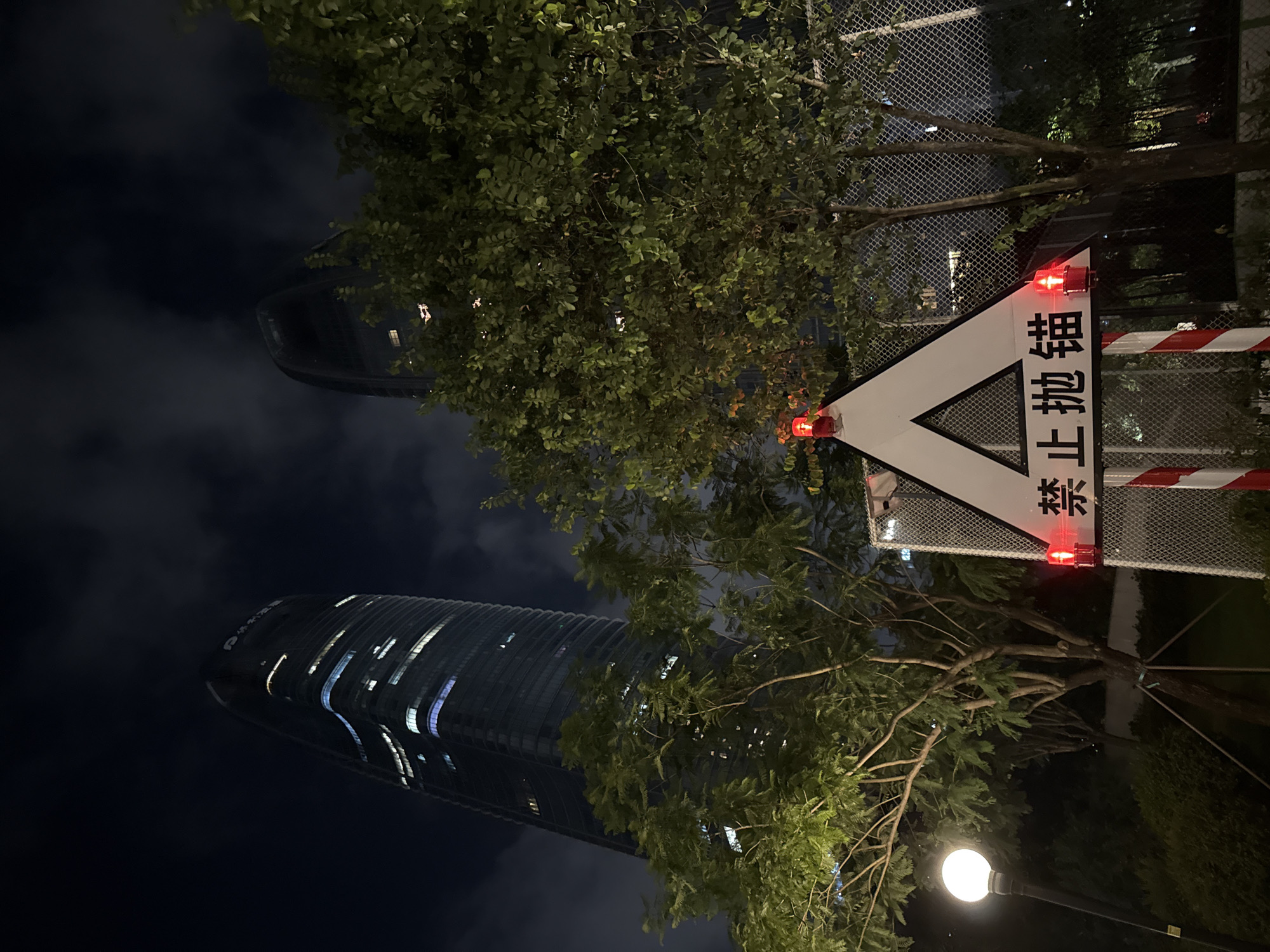 The image is a low-angle shot at night, focusing on a street sign in the foreground and two illuminated skyscrapers in the background. The sign is white and triangular, with a black outline and a black triangle inside. Red lights flash on top of the sign, and Chinese characters are printed below. To the left of the sign, a streetlamp emits a soft, white glow. Trees with green leaves flank the sign, partially obscuring the view of the buildings. The sky is dark with some wispy clouds, and the skyscrapers, lit from within, stand tall and imposing against the night sky. The scene appears to be in an urban environment in Haizhu District, China, possibly a park or a public space near the skyscrapers. There are no people visible in the image.