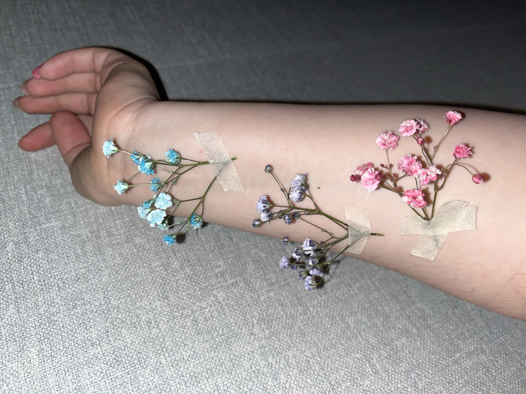 A close-up shot depicts a person's left forearm and hand resting on a gray textured surface. Three small bundles of dried baby's breath flowers are taped to the forearm with pieces of translucent tape. The flowers are different colors: blue, purple, and pink. The hand is positioned with the palm facing down, and the fingers are slightly curled. The background is the same gray texture, suggesting a soft surface. No indications of the image being taken in Chaikovsky, Russia, are present.