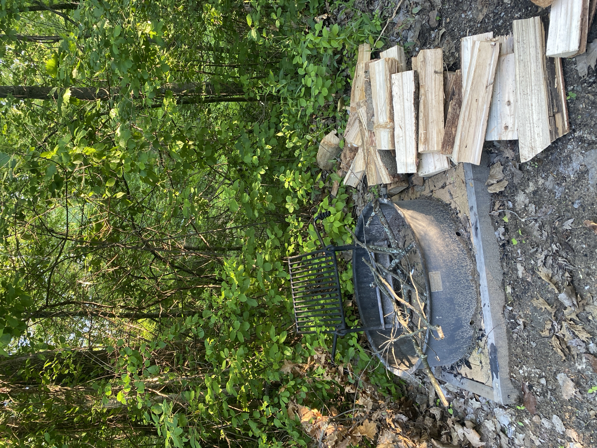 The image shows a fire pit in an outdoor setting. The fire pit is made of dark metal and is surrounded by a concrete base. There is a metal grill rack placed over the fire pit. A pile of firewood is stacked neatly next to the fire pit. The scene is surrounded by lush green foliage, suggesting a wooded or natural area. The ground is covered with dirt, fallen leaves, and some small plants. The lighting suggests it is daytime, with sunlight filtering through the leaves, creating dappled shadows. The overall impression is of a prepared spot for a campfire in a natural environment. There is no text visible in the image. The location is the Town of Peru, USA.
