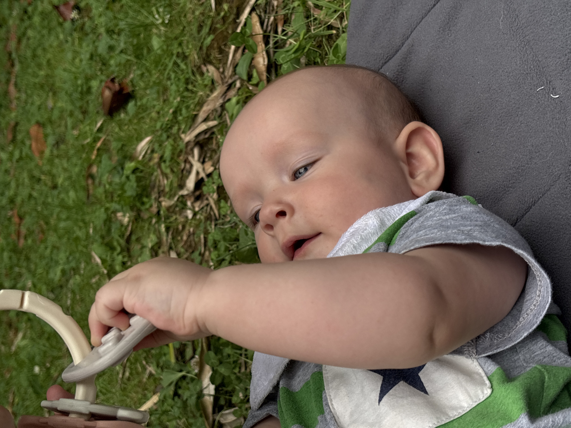 A baby is lying on its back, looking up and to the right. The baby is wearing a grey t-shirt with green stripes and a white pocket with a blue star on it. The baby's right hand is reaching for and holding a light-colored toy. The background consists of green grass and some dry leaves, suggesting an outdoor setting. The lighting indicates it is daytime, likely with natural light. The baby appears calm and curious, its gaze focused on the toy. No visible text is present in the image. The location context of Sochi, Russia, might imply a temperate climate suitable for outdoor activities.