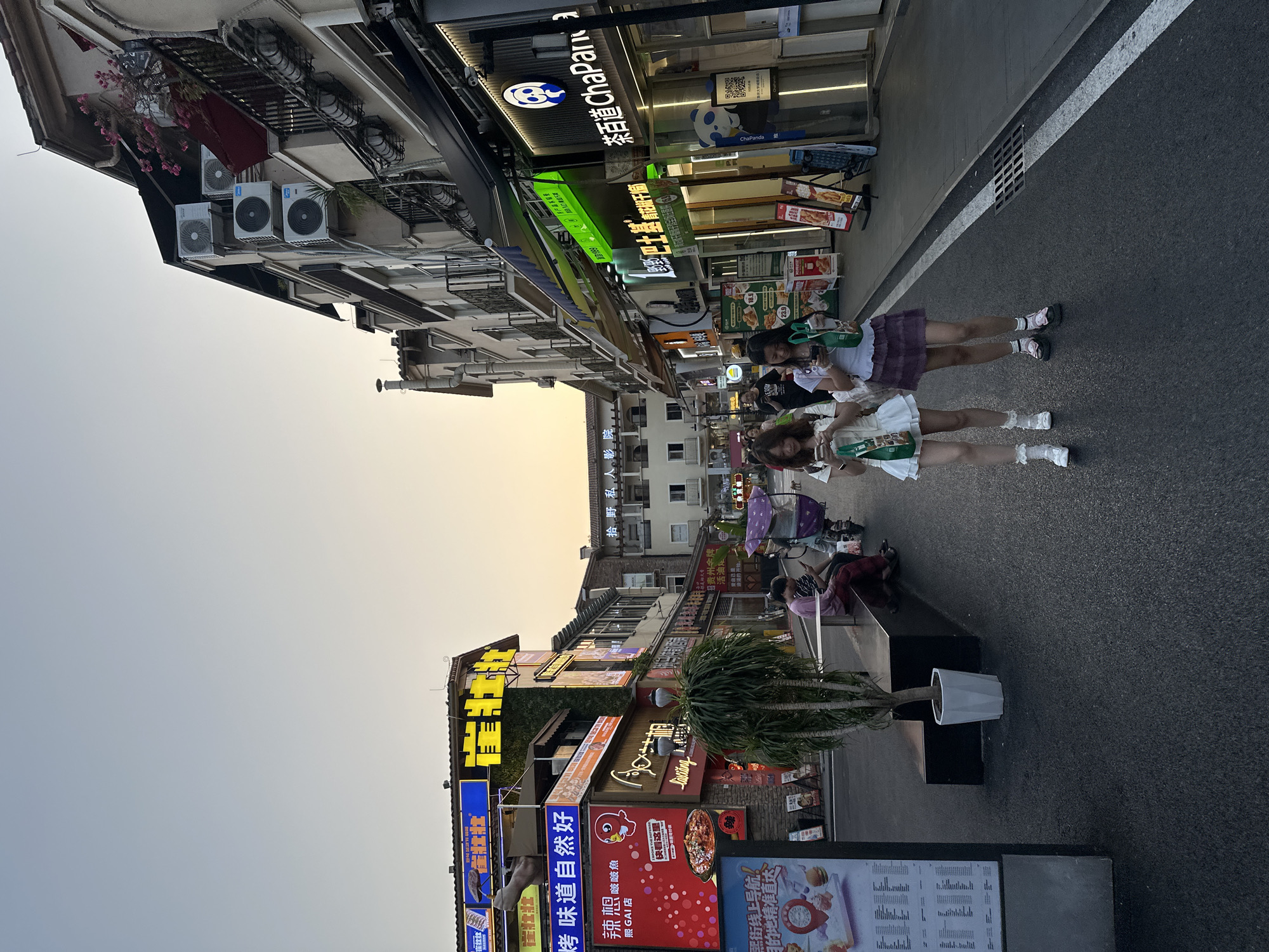 Here is a description of the image:
The image shows a street scene in the Chongqing High-tech Zone, China. The view is taken from street level, looking down a narrow thoroughfare lined with buildings and shops. The sky is a muted orange-grey.
Along the sides of the street are several signs, many of which are written in Chinese characters. One sign features a cartoon panda logo and the text "ChaPanda." Other signs advertize food, restaurants, and other businesses.
Several people are visible. Two young women dressed in skirts and white socks walk along the street. On the right side, people are sitting on a bench.
The road surface is grey, with a white line dividing the roadway. There is a large potted plant on the right side of the street.