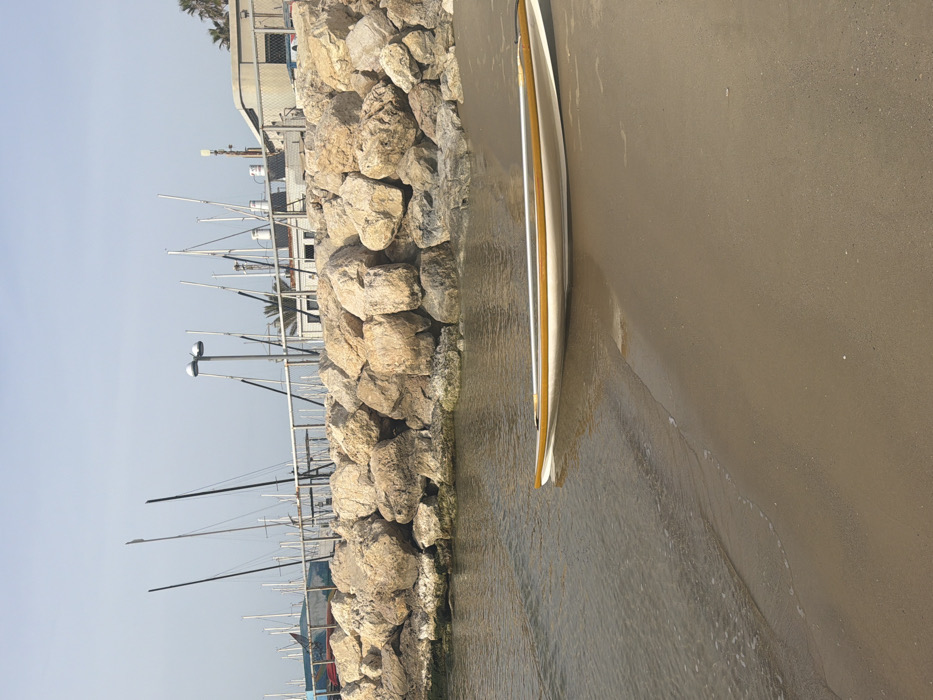 The image displays a coastal scene within the Tel Aviv Port area in Tel-Aviv, Israel, under clear daylight conditions. A single white and yellow/orange watercraft, identified as a paddleboard or surfski, is partially beached on damp sand, with its front section extending into the calm, shallow water. Immediately behind the shoreline, a large rock breakwater, composed of numerous light-colored boulders, forms a barrier. Beyond this breakwater, the masts of multiple sailboats are visible, indicating a marina. A light-colored building with various roof-mounted devices, including what appears to be industrial ventilation or communication equipment, stands in the background, alongside a dual-headed streetlamp. Fencing is discernible between the breakwater and the marina structures. Palm trees are present on the right side of the frame. No individuals are depicted.