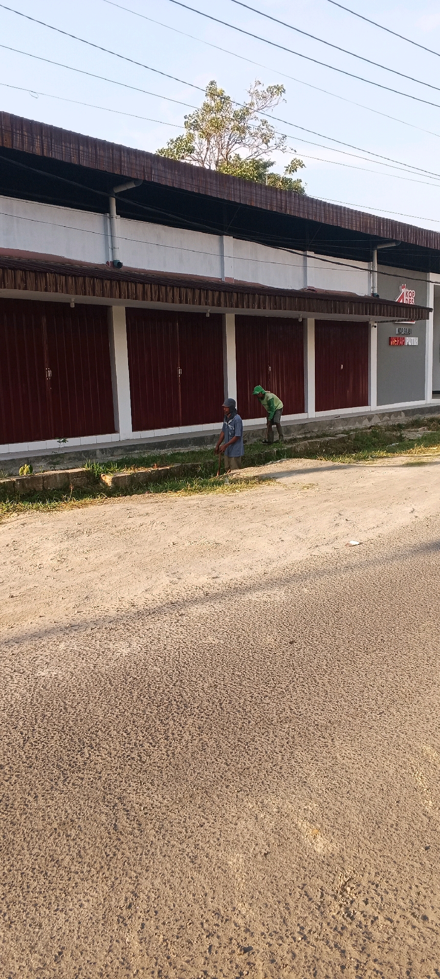 Two individuals are present in front of a row of closed, dark red metal roll-up doors, likely storefronts, situated in Penanggungan, Indonesia. The building behind them has a white facade and a dark brown corrugated metal roof overhang. To the right, a sign indicates "KOP. DES" and another partially visible sign reads "KOPERASI". One person, wearing a grey cap and blue shirt, stands near the grass and a small plant, holding a stick. The other individual, in a green shirt and green cap, is bent over, seemingly engaged in an activity near the grass. The ground in front of the building is a mix of dirt and some paved or compacted surface, with tire tracks visible on the dirt area. The sky above is clear and blue, with power lines strung across it. The scene appears to be during daylight hours.