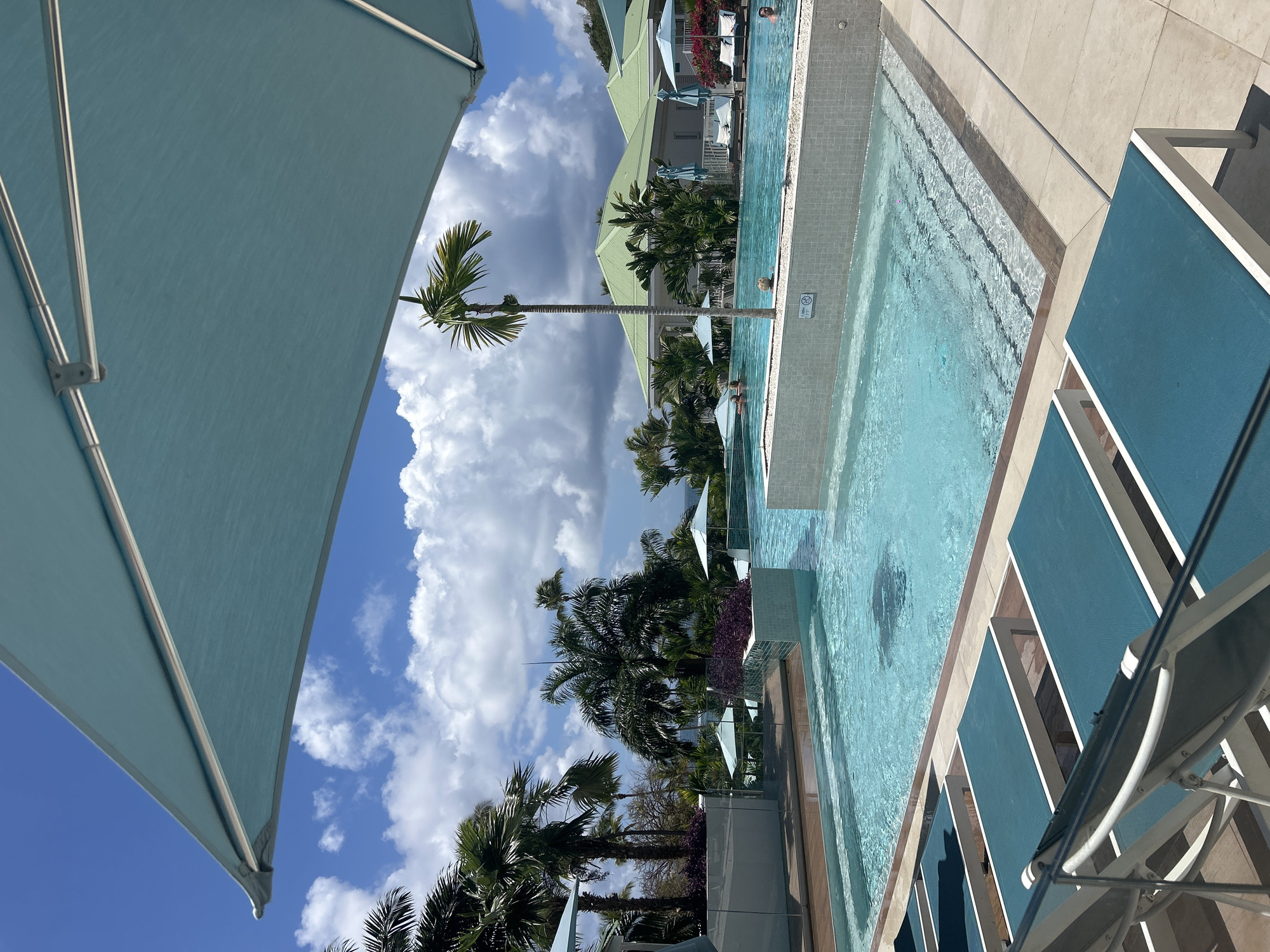 This image depicts an outdoor swimming pool complex at a resort in Sainte-Anne, France, under a partly cloudy blue sky. A large, light teal umbrella canopy partially covers the upper frame, extending from the upper left to the upper right. In the foreground, several teal-colored fabric sun loungers with white frames are arranged on a light beige tiled deck, positioned next to a multi-level swimming pool.
The pool area consists of at least two interconnected sections. The nearest pool section is shallow, featuring visible entry steps and walls tiled with small, light-colored mosaic tiles. Beyond this, a larger infinity-edge main swimming pool stretches across the midground, filled with light blue water and featuring light mosaic-tiled walls. A slender palm tree grows within a raised planter box, also tiled, which separates the lower and main pool sections. At least four individuals are partially visible in the main pool, engaged in swimming or leisurely floating, with only their heads or upper torsos above the water.
The background showcases abundant tropical vegetation, primarily various palm trees, surrounding the pools. Several low-rise resort buildings with distinctive light green pitched roofs and white facades are visible behind the main pool. Additional light blue umbrellas are strategically placed around the pool perimeters and near the buildings. The ocean is faintly discernible on the horizon to the left, behind the vegetation, while a verdant hillside is partially visible on the far right.