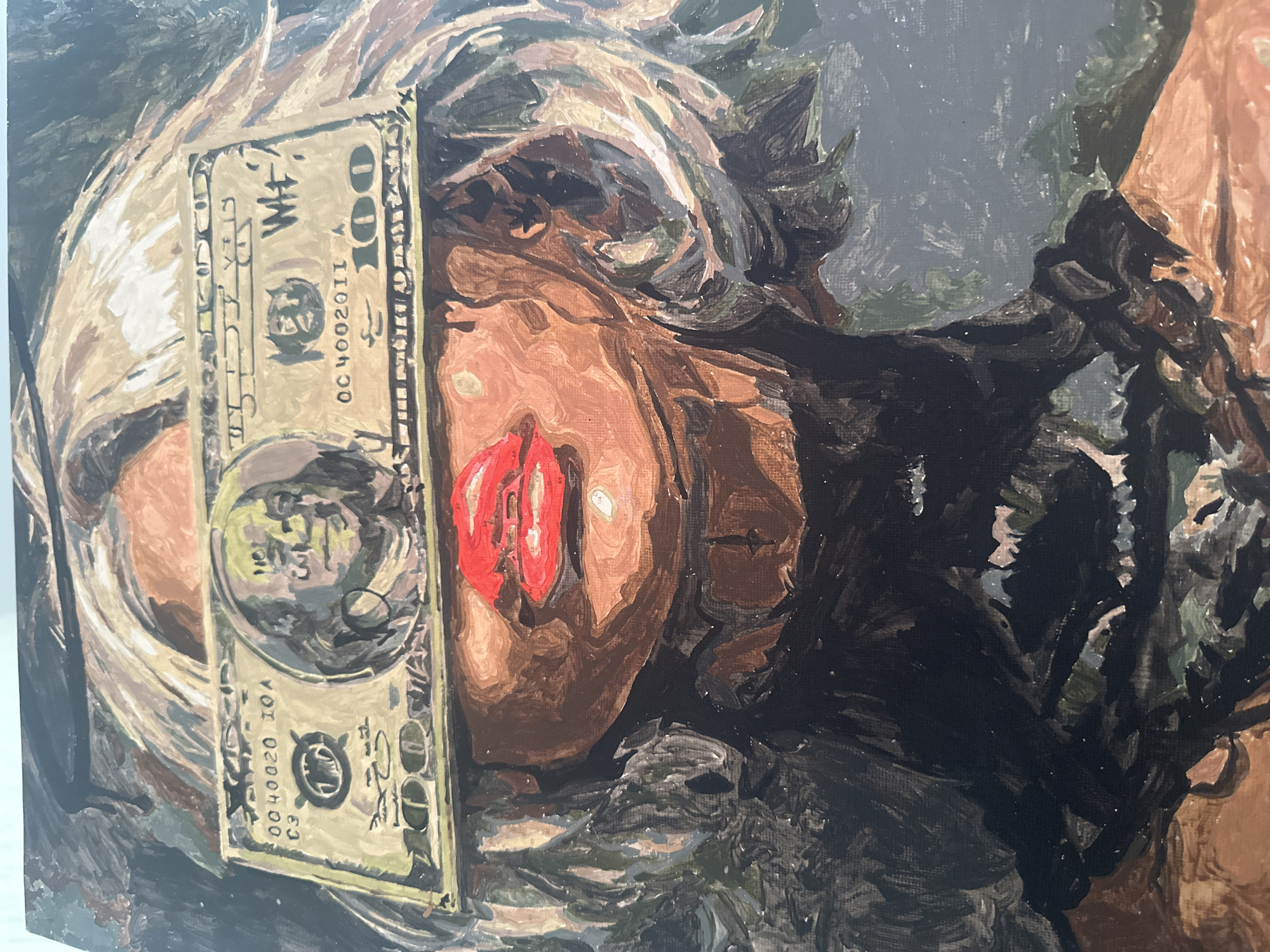 A painting depicts a woman with a one-hundred dollar bill partially covering her face. Her lips are painted red. She has brown and blonde hair. The background appears to be a dark gray. There is no evidence to suggest the painting is located in Высокий, Russia.