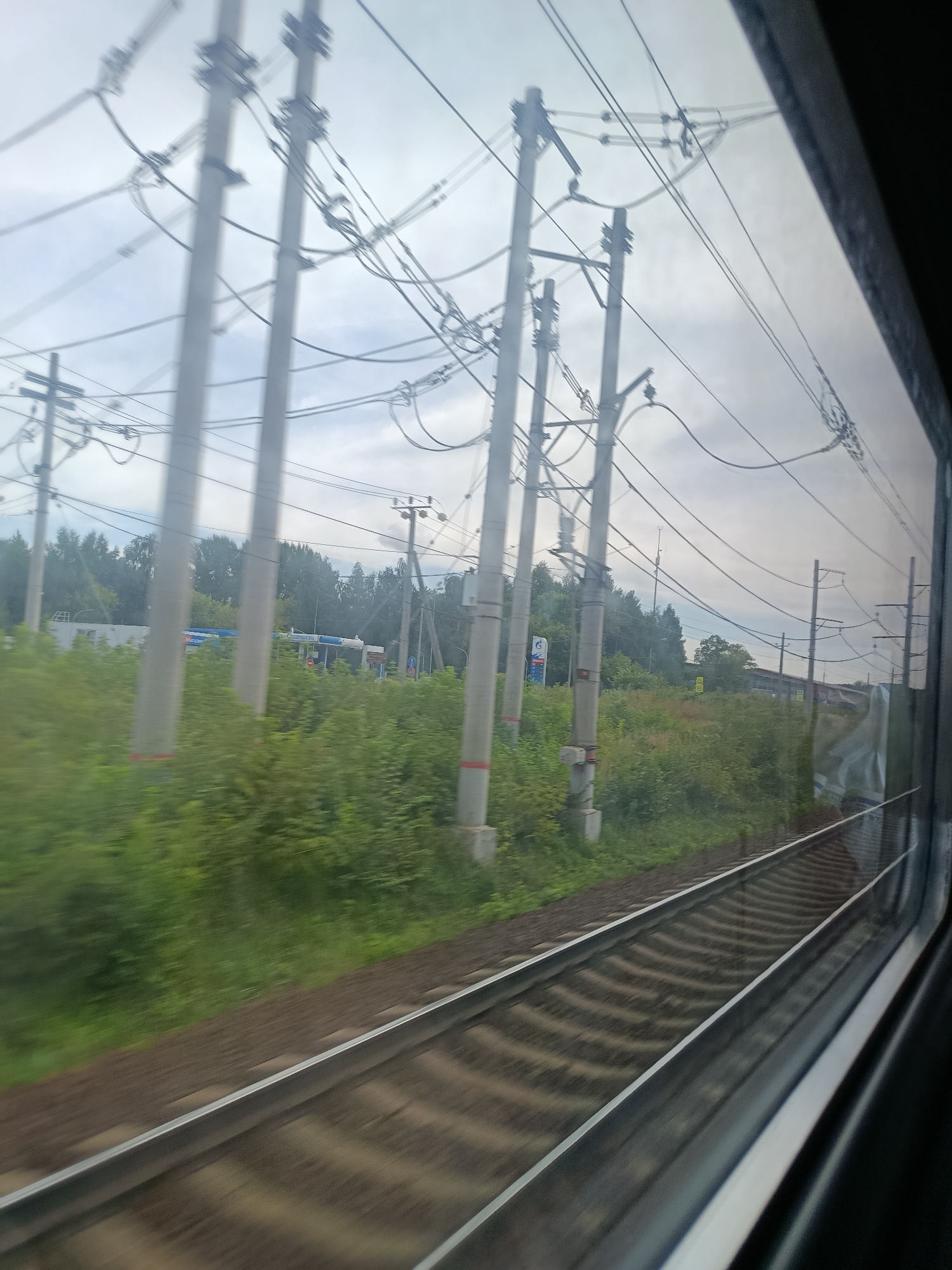 The image shows a view from a moving train window, looking out at a rural landscape near Elektrougli, Russia. The foreground features a train track with ballast and ties, blurred due to motion. Tall, slender utility poles with numerous overhead wires dominate the midground, stretching across the frame. Beyond the poles, a dense line of green trees forms the horizon. A white structure with blue and red signage, possibly a gas station or small business, is visible amongst the trees. The sky is overcast with light grey clouds. The overall impression is of a typical suburban or rural train journey.