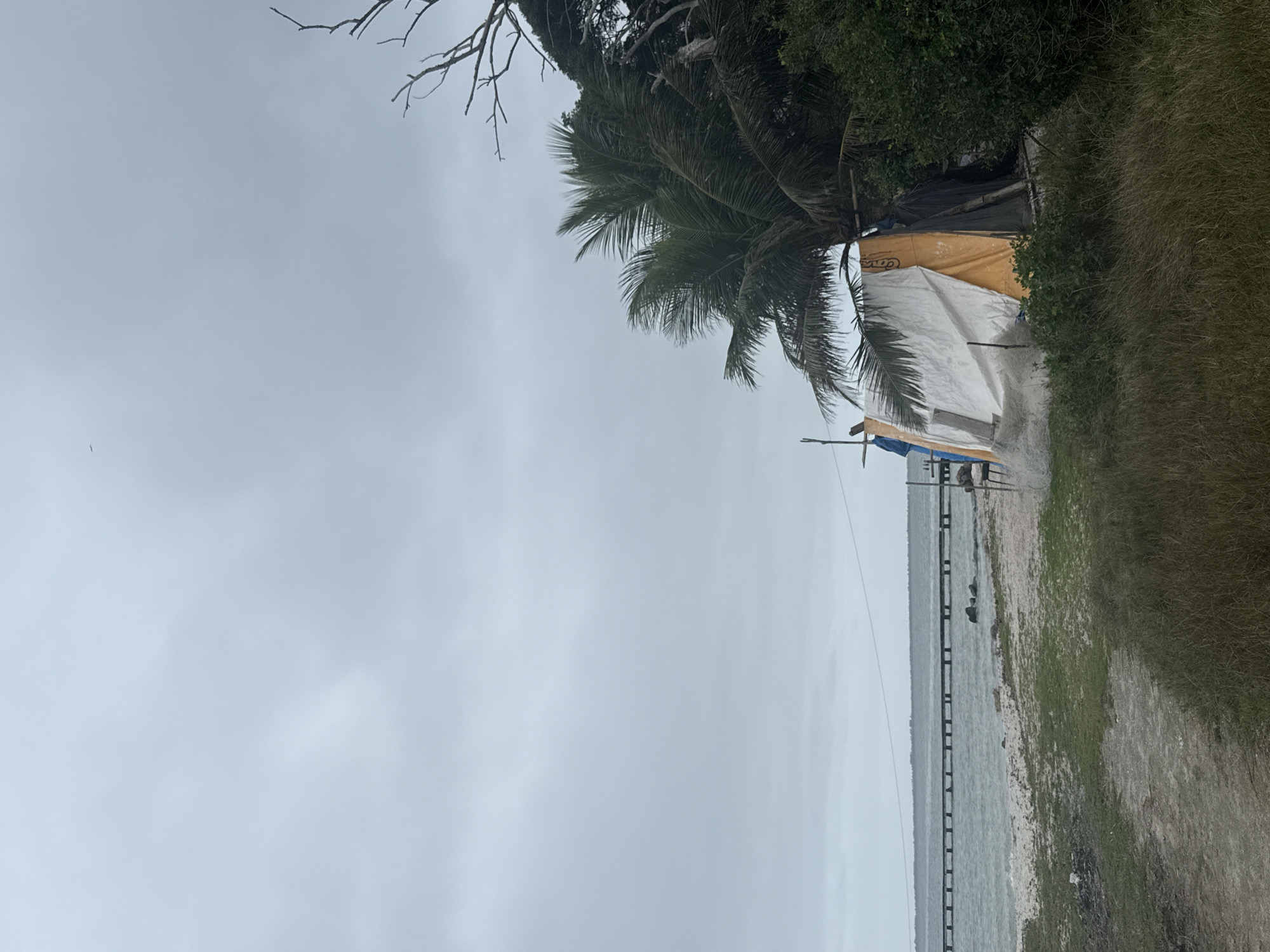The image depicts a coastal scene under an overcast sky, likely in the city of São Pedro Da Aldeia, Brazil. In the foreground, a dirt path leads towards a sandy area with patches of dry grass and some shrubbery. To the right, a makeshift shelter is visible, constructed with a white and orange tarp supported by wooden poles, with a palm tree overhead. Fishing nets are draped near the shelter. Beyond the shelter, a dense green bush is present. The middle ground features a beach with some rocks and the calm sea. In the background, a long, narrow pier extends over the water, with a faint horizon line visible. The sky is a uniform, pale gray, suggesting a cloudy or possibly rainy day. There are no people visible in the frame.