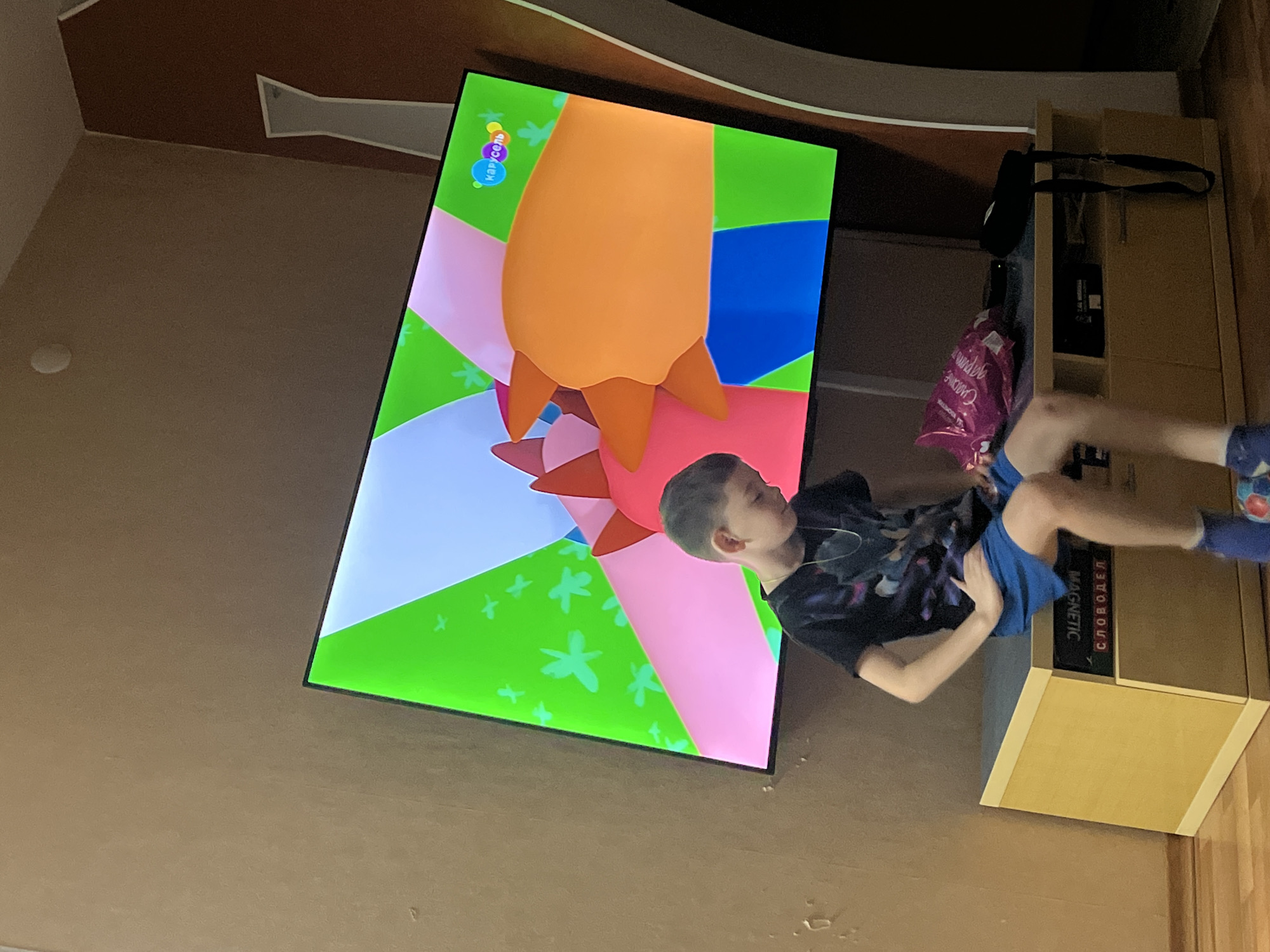 A boy is watching TV in a room. The TV screen shows a children's cartoon with bright colors and shapes. The room appears to be in a residential building in Chaikovsky, Russia, as indicated by the Cyrillic text "СЛОВОДЕЛ" on a nearby box. The boy is wearing a dark-colored T-shirt and blue shorts. He is positioned in front of a television set. The environment appears to be a standard living space. A cabinet sits adjacent to the TV.