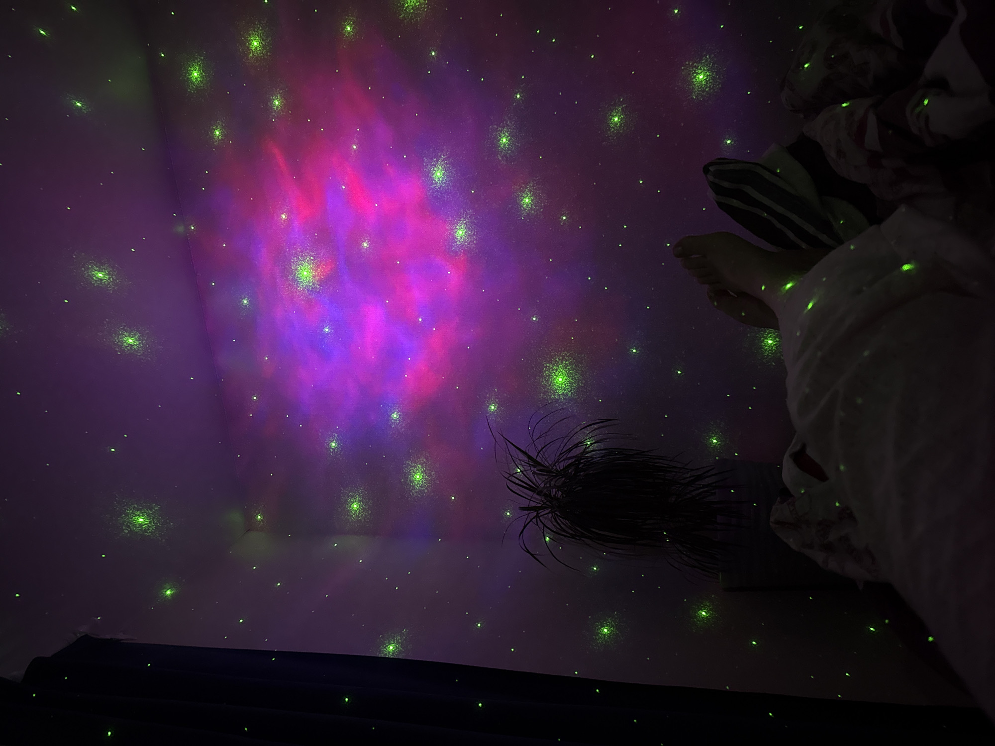 The image depicts a ceiling illuminated by a starry night sky projector. The projection features a prominent nebula in hues of pink and purple, interspersed with numerous green star-like lights. In the foreground, a person's legs and feet are visible, resting on a bed covered with blankets. To the left, a dark curtain and a potted plant with spiky leaves add depth to the scene. The lighting suggests it is nighttime or a dimly lit room, creating a calming and atmospheric ambiance. The scene appears to be set in a bedroom, possibly in Perm, Russia, given the location context. There is no visible text in the image.