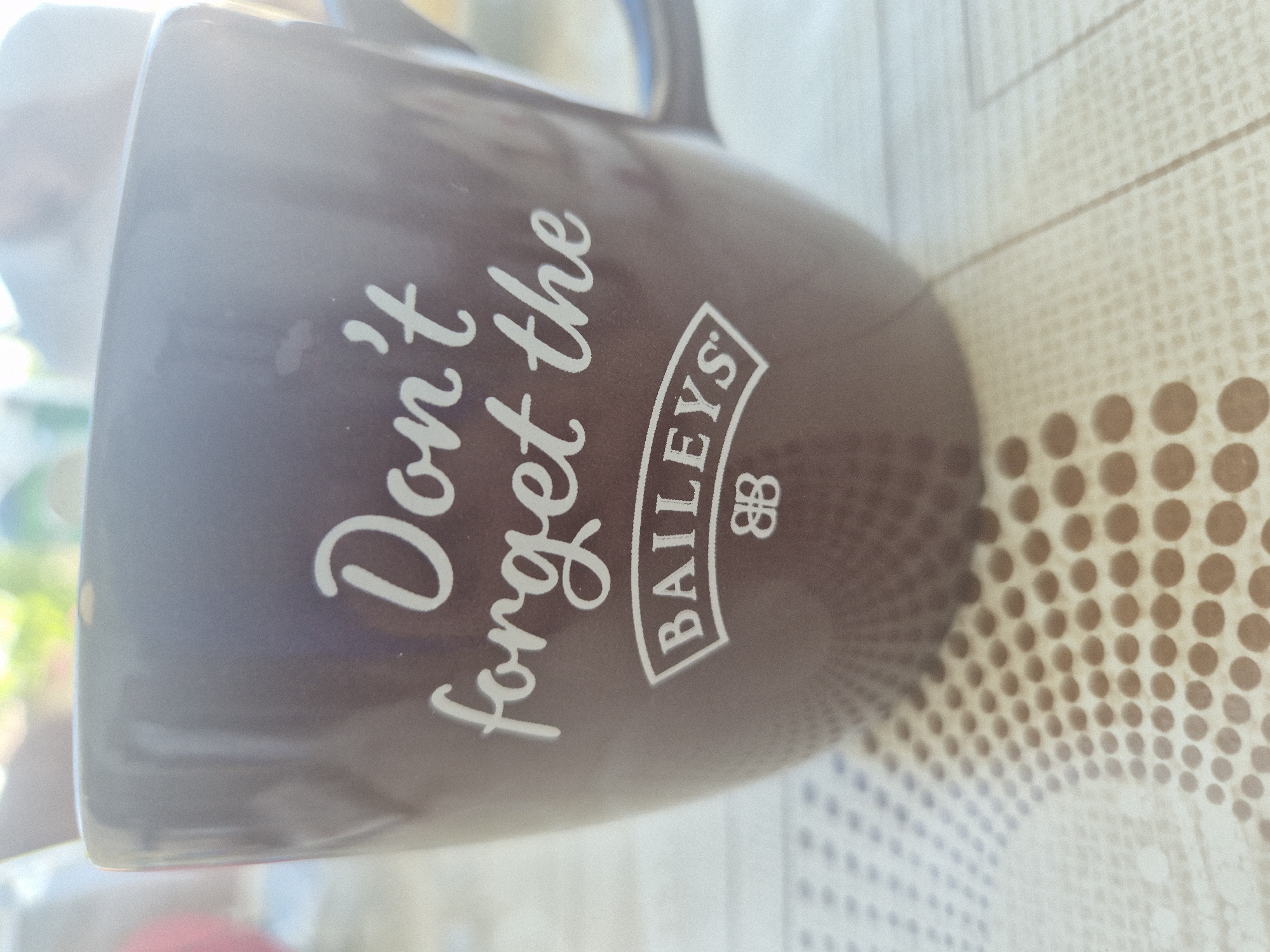 A close-up, low-angle shot shows a dark brown mug with white text and a logo. The text on the mug reads "Don't forget the BAILEYS". Below "BAILEYS" is a small, stylized logo with two interlocking B's. The mug is placed on a light-colored surface with a repeating pattern of raised dots. The background is out of focus, with hints of greenery and a person or people. The lighting suggests it is daytime, with a bright light source creating glare on the mug. The overall scene appears to be an outdoor setting, possibly a patio or table in a garden. There is no discernible city or location information.