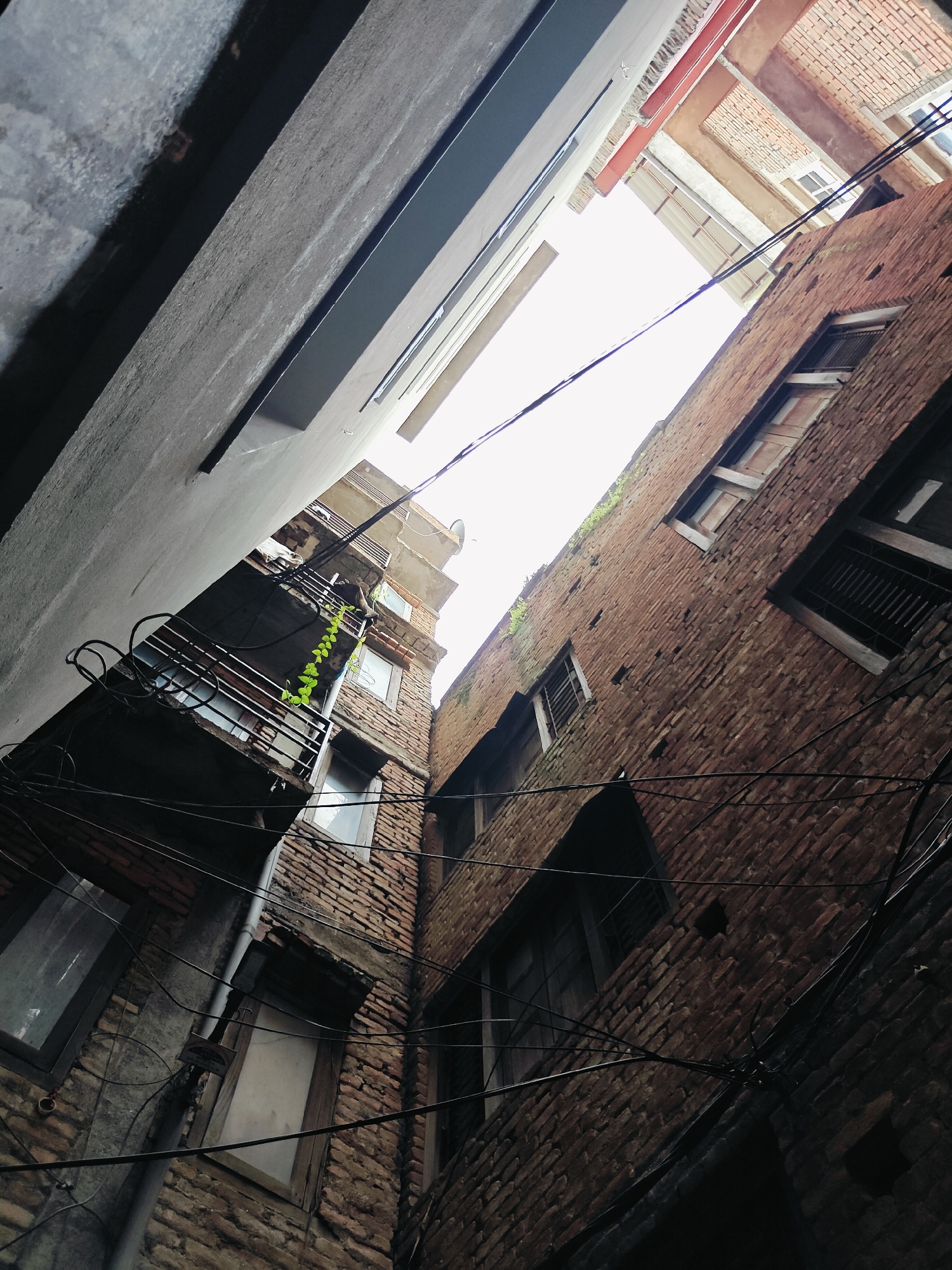 This is a low-angle shot of a narrow alleyway between brick buildings in Kathmandu Metropolitan City, Nepal. The buildings on either side are tall and appear old, constructed with reddish-brown bricks. The alley is filled with a dense network of black electrical wires that crisscross between the structures, some hanging loosely and others neatly bundled. Several windows are visible on the buildings, some with wooden shutters and others with barred openings. A small balcony with a metal railing is present on one of the buildings, with a vine of green leaves growing on it. The sky is visible at the top of the frame, appearing bright and slightly overcast. The overall impression is one of a densely populated urban environment with visible signs of infrastructure and aging architecture.